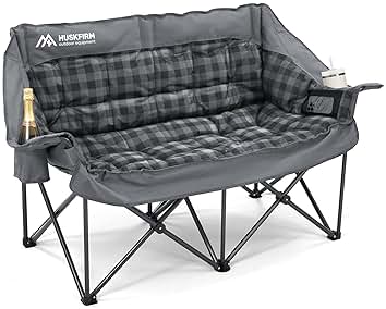Double Camping Chairs Padded Loveseat Chair for 2 Person - Heavy Duty Oversized Camping Couch for Adults Outdoor Lawn Beach - Portable Folding Sofa with Cup Holders and Carry Bag, Grey