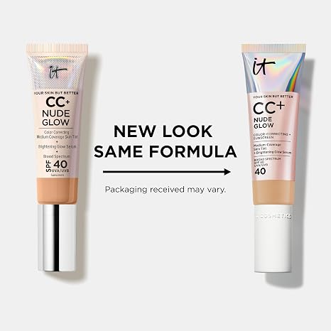 IT Cosmetics CC+ Cream Nude Glow Foundation with SPF 40 - Healthy Glow Tint | Medium Coverage Dewy Skin Tint for Normal/Dry + Mature Skin - Brightening Glow Serum, 90% Skincare Formula, 24HR Hydration