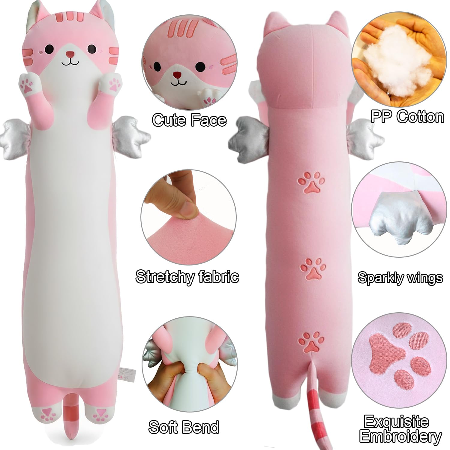 Kekeso Cuscino Peluche Gatto Lungo, Cuscino Corpo Gatto Carino con Ali, Peluche Kawaii Morbido da Abbracciare - Regalo per Bambini a Natale, San Valentino & Compleanno(Rosa, 110cm/43.31in)