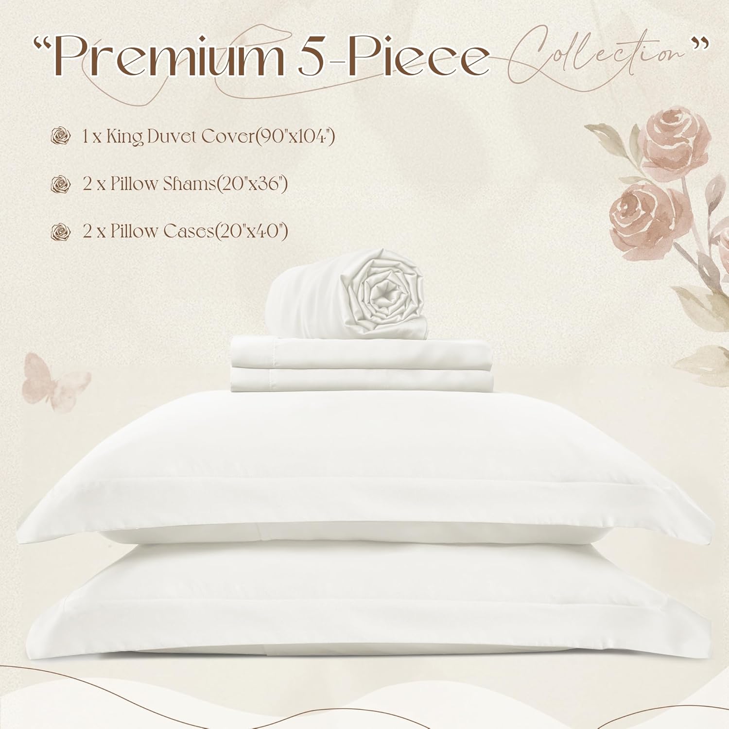 Manyshofu 5Pcs Cotton Tencel King Duvet Cover Eucalyptus Lyocell White Duvet Cover, Cooling Comforter Covers Luxury & Silky Bedding Set - 2 Tencel Pillow Shams(20"x36"), 2 Pillow Cases(20"x40") - Image 4