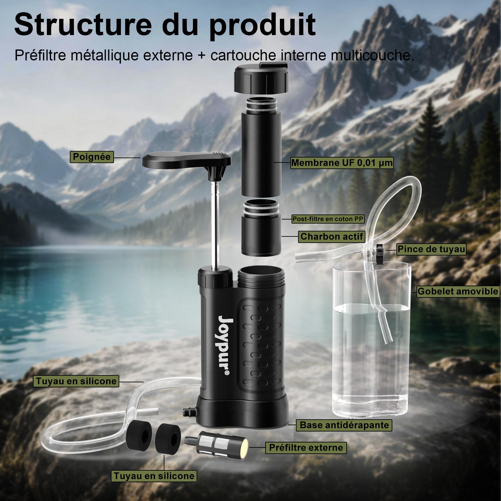 Filtro dell'acqua per esterni con membrana UF a 5 livelli, precisione del filtro 0,01 μm, peso leggero 340 g, per campeggio e emergenza (480 ml) (K8192 x nero)