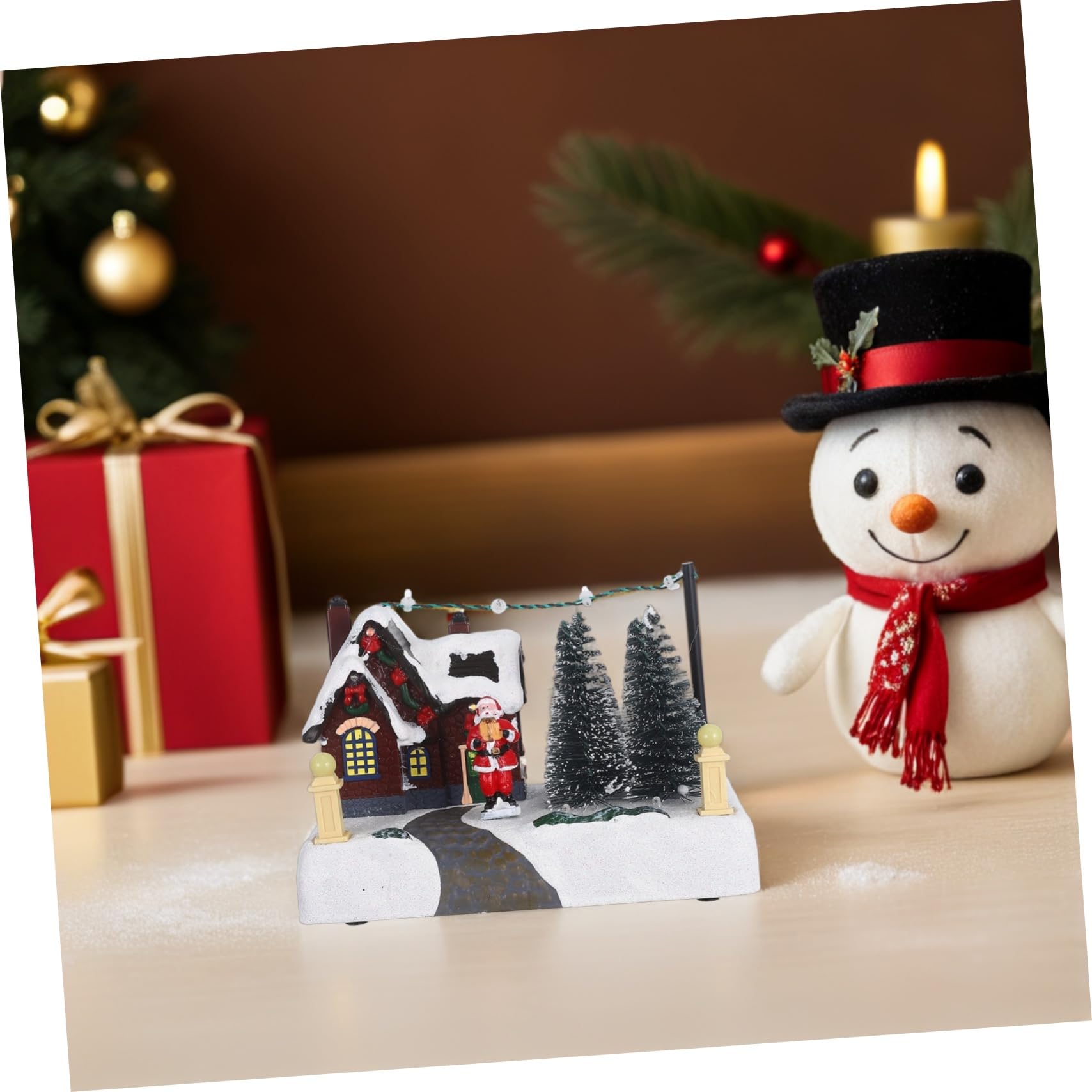 Adornos Luminosos Navideños Casa de Pueblo Caja Musical Decorativa de Resina Adorno Navideño de Escritorio para Decoración Festiva de Casa Iluminada