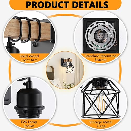 Miniatura 3 de FadimiKoo Juego de dos apliques de pared regulables, lámpara de pared de cabecera con interruptor giratorio, lámparas de baño negras de madera con