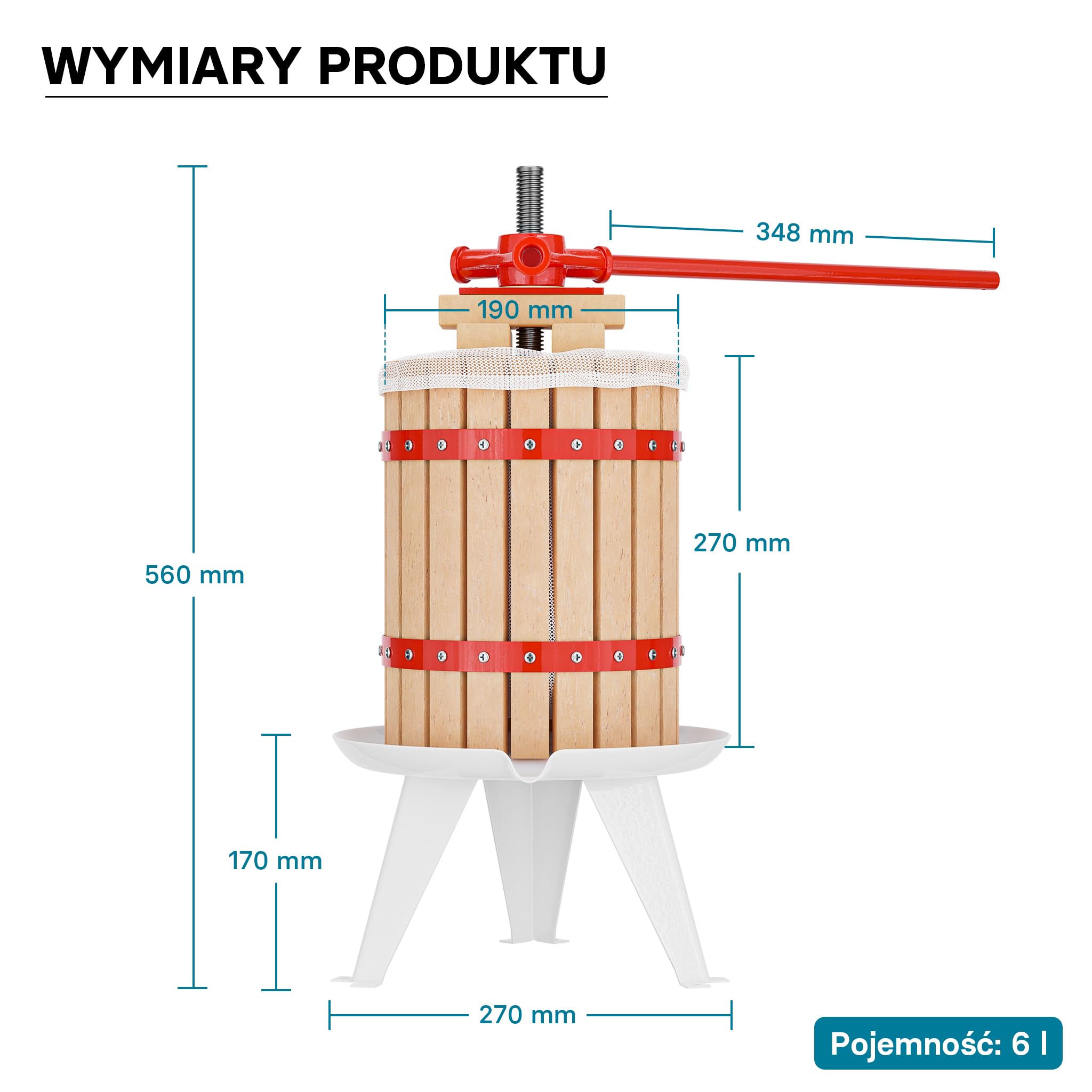 Wiltec Drewniana prasa do owoców 6 litrów, ręczna śrubowa wyciskarka do soków i cydru z workiem filtracyjnym, idealna do win, nalewek i soków