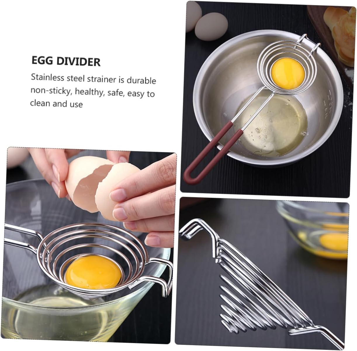 Unomor 3pcs Stainless Steel White Separator Tool Multifunctional Kitchen Gadget for Easy Yolk Division and Dishwasher Sieve for Cooking and Baking for Home Shop and Cake Shop Use
