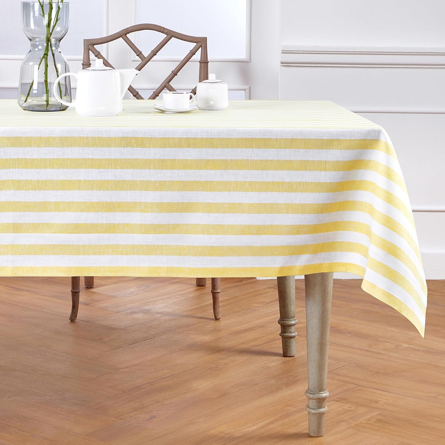 Solino Home Linen Square Tablecloth 52 x 52 Inch - Sorrento Stripe, 100% Pure Linen Yellow and White Table Throw - Machine Washable Tablecloth for Spring, Easter, Mothers Day