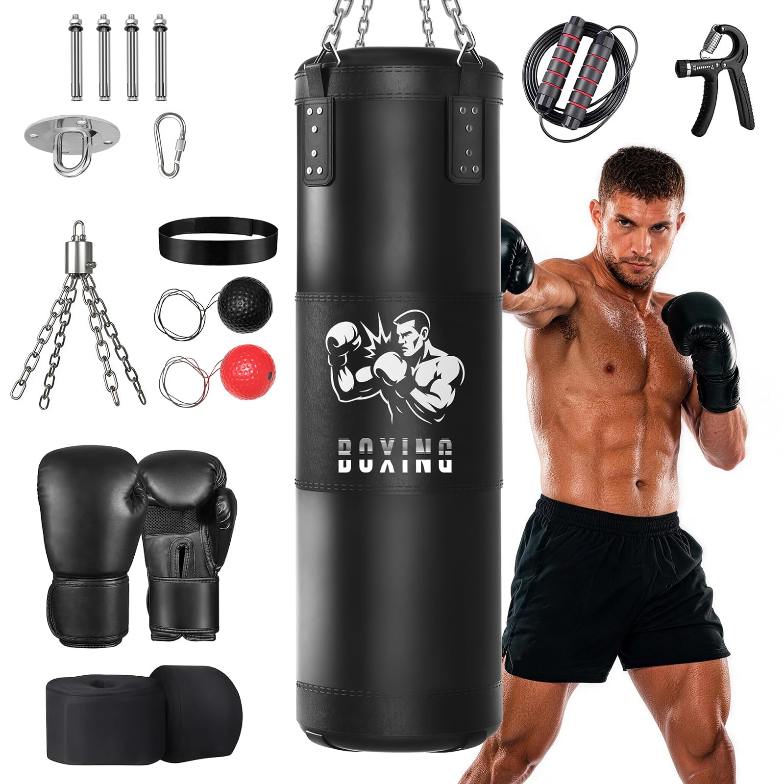 Ninonly - Sacco da boxe per adulti, 100 cm, pesante, con sacco da boxe vuoto, da appendere, palla di reattività, bende per MMA, karate, kickboxing, boxe, casa, palestra, allenamento (non riempito)