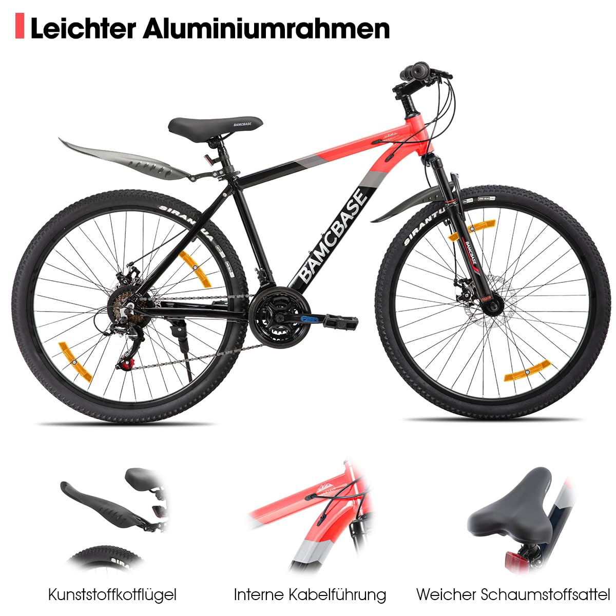HILAND Rockford rower górski MTB 27,5", dla mężczyzn i kobiet, 18-biegowy rower z hamulcem tarczowym dla mężczyzn i kobiet, aluminiowa rama, Hardtail, unisex, dla dorosłych, czerwony