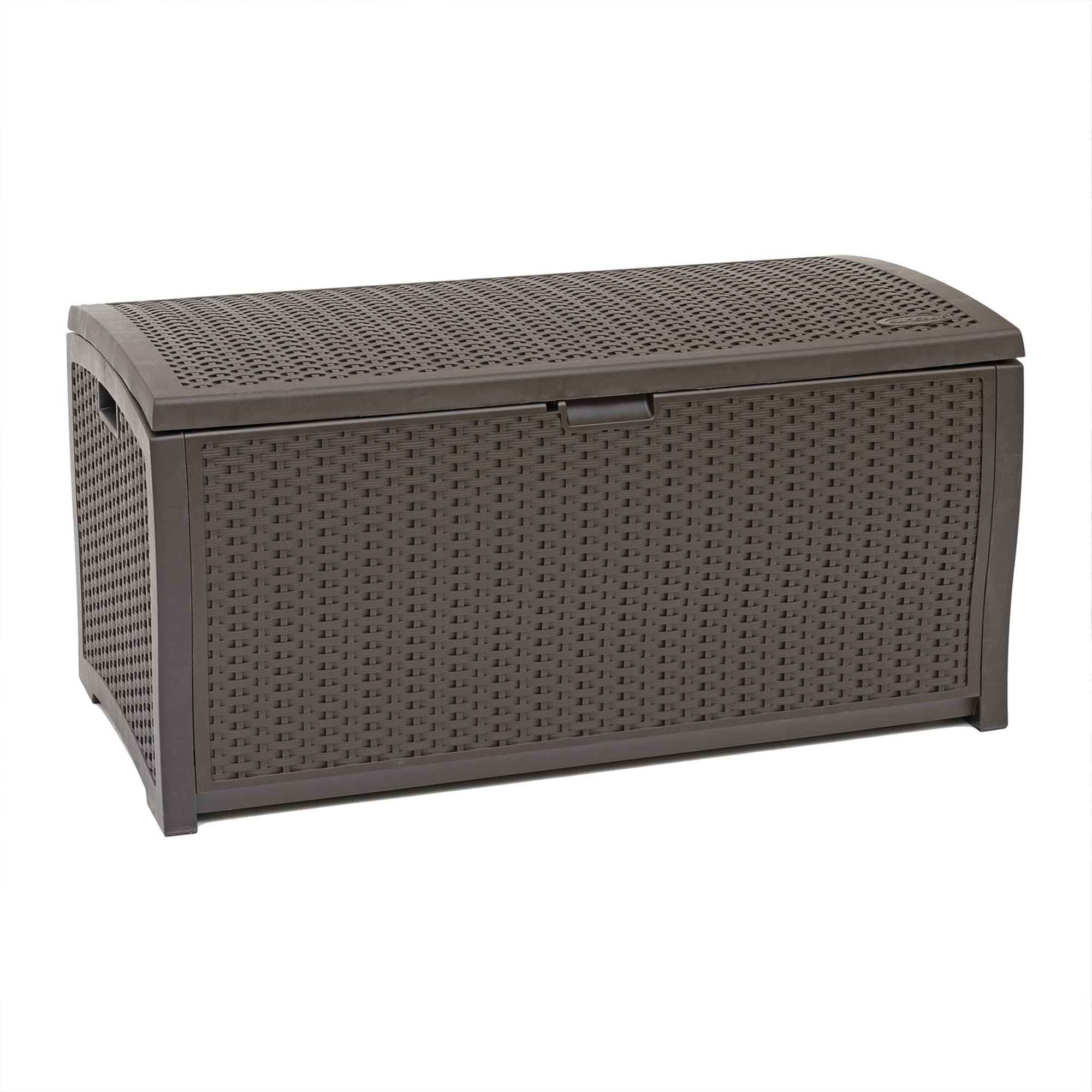 Suncast DBW9200 99 Gallon Outdoor Wicker Plastic Patio Storage Chest Bin with Handles for Patio, Garden, Garage, or Pool for All Weather, Mocha