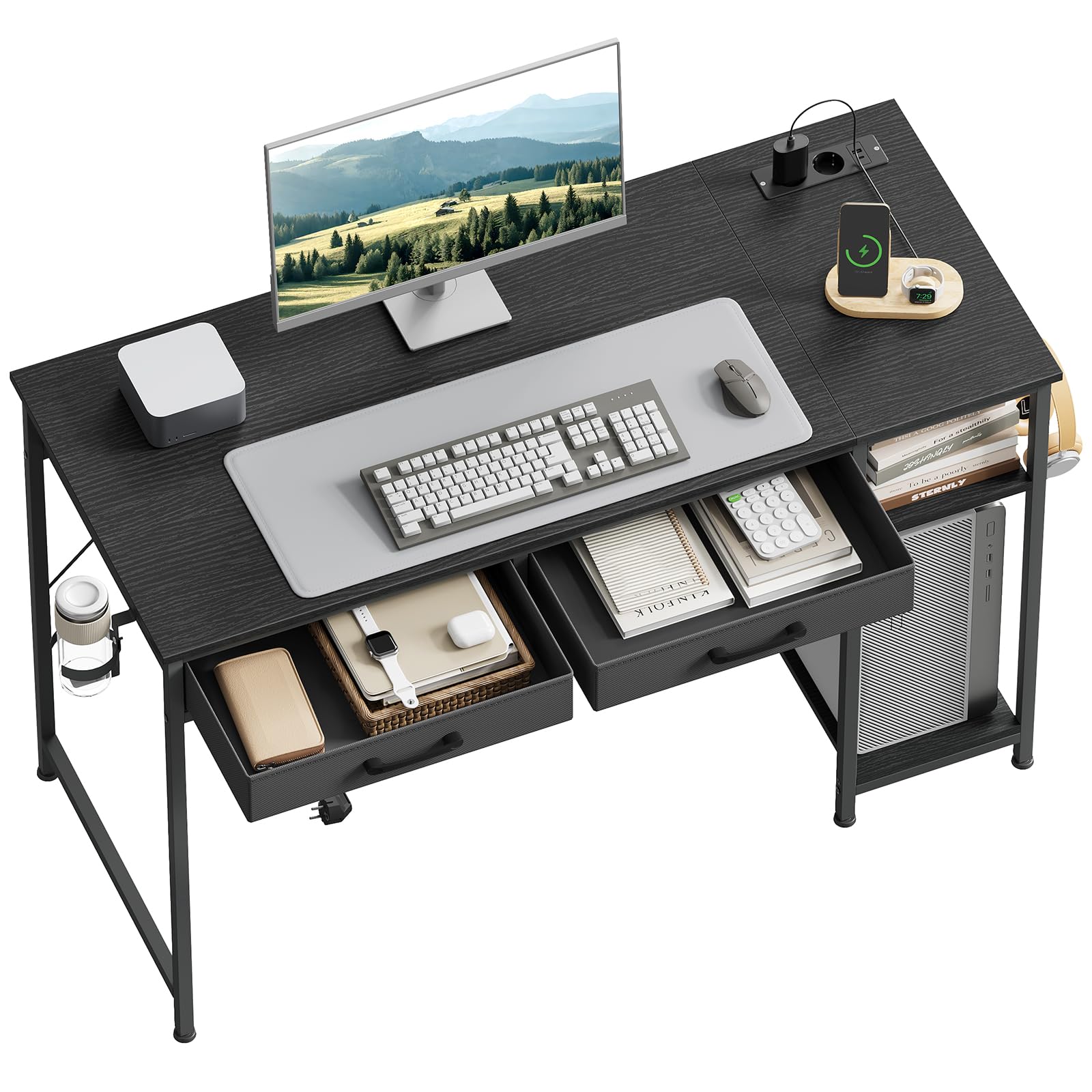 WOLTU Scrivania con 2 Cassetti, Ripiani, Scrivania Ufficio, Nero | con Prese, Porta USB e Porta Type-C, Portabicchieri e Gancio, per Studio, Soggiorno, Camera da Letto, 120x51x75 cm