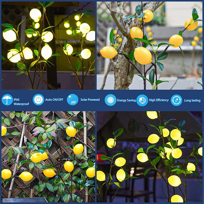 DINOWIN Outdoor Solar Garden Light, 2 Pack of Solar Flower Tree Lights with Realistic Lemon, Waterproof LED Decorative Light Outdoor Pile Lighting for Courtyard Garden Lawn Decoration (Lemon) - Image 3