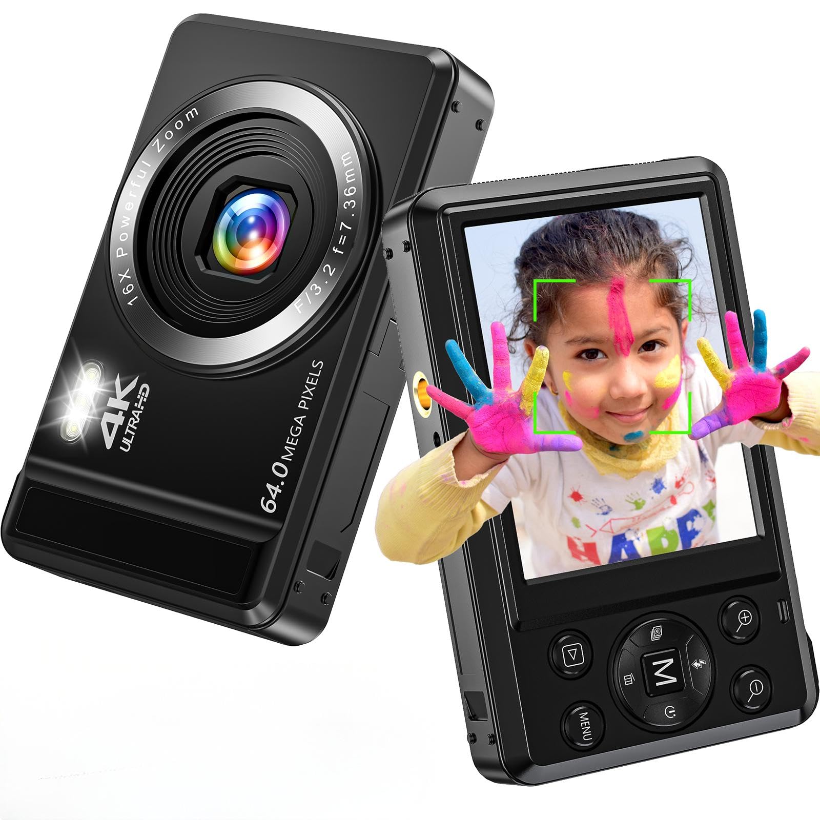 Fotocamera Digitale 4K 64MP Autofocus Fotocamera con Micro SD Card Fotocamera Compatta con Batteria 1200mAh Cavo USB per Adolescenti