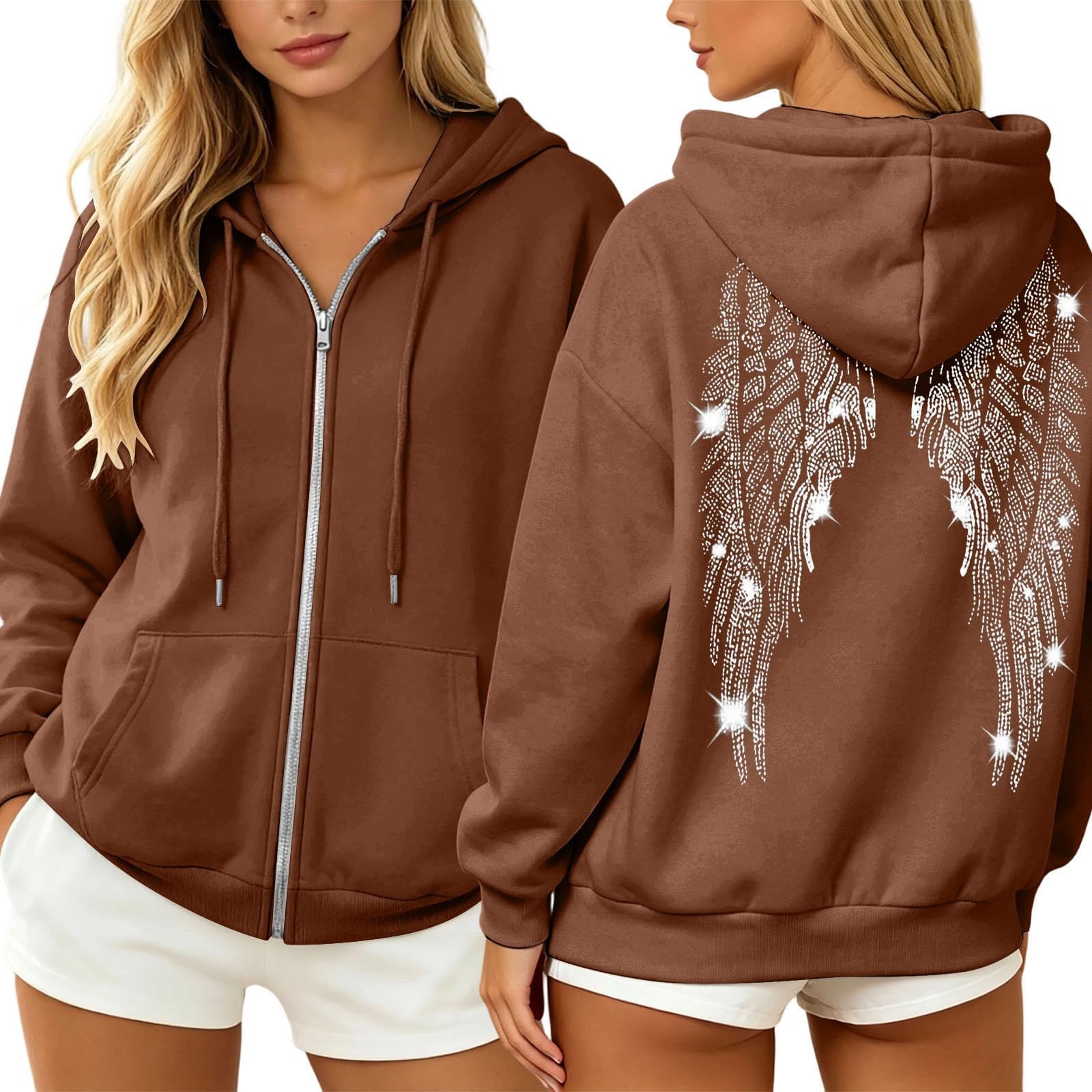 Hoodie Damen Reißverschluss Oversized Strass Flügel Motiv Taschen