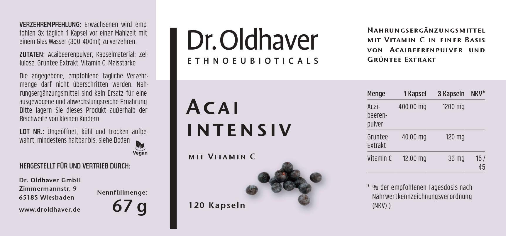 Dr. Oldhaver Acai Intensiv – Acai Beeren Kapseln Hochkonzentriert mit Grüntee Extrakt und Vitamin C (120 Stück), Frei von Gluten und Laktose, für den Energiestoffwechsel