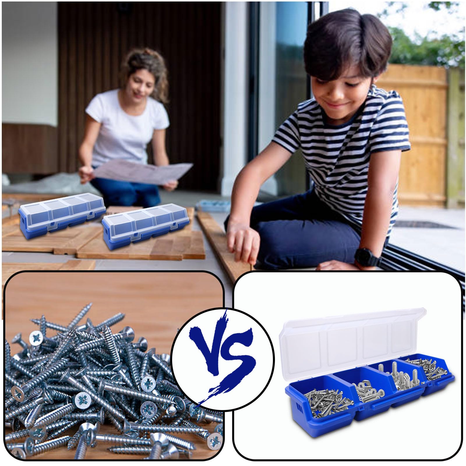 Confezione da 12 scatole organizer a vite con coperchio, 4 scomparti divisori, contenitori per attrezzi, scatola organizer blu per viti di ordinamento per garage, piccole parti di attrezzi, forniture