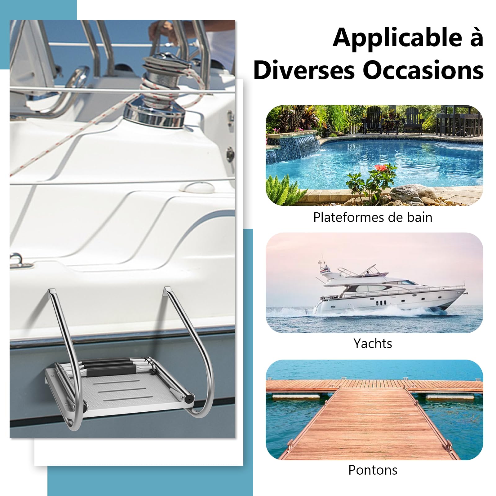 GOPLUS - Escalera de plataforma de 3 escalones de fibra de vidrio, escalera telescópica de acero inoxidable plegable para barco pontón con 2 rampas, pasos antideslizantes, para yate