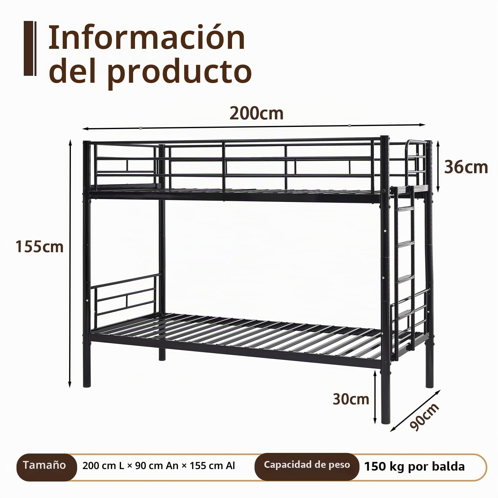 Litera de Metal de 90 x 200 cm, litera Juvenil con Escalera, Convertible en Dos Camas Individuales, Camas Altas para Adultos con somier y Barra de Seguridad para Dormitorio
