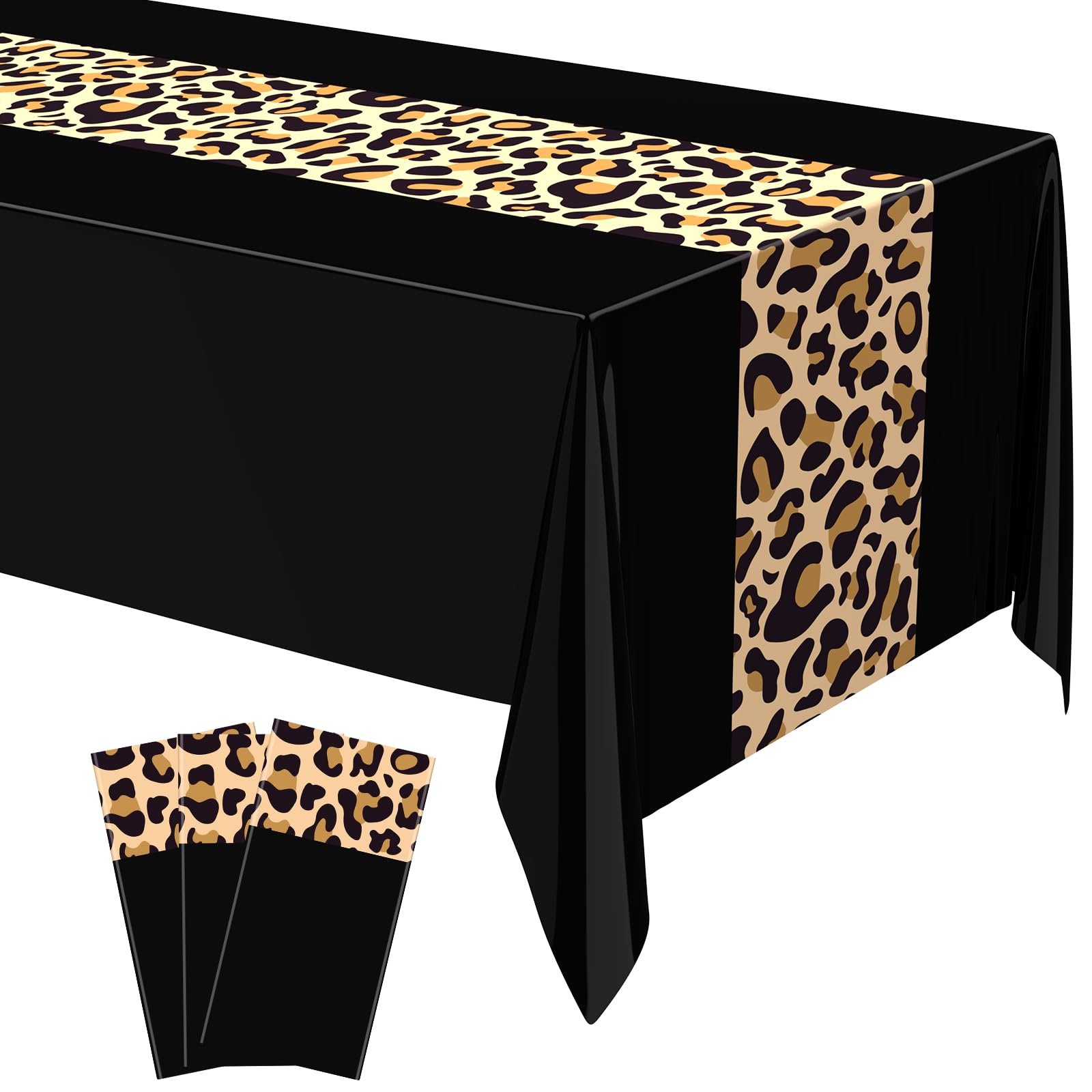 Buryeah Leopard Print Tablecloth 54 x 108'' Leopard Plastic Table Cover Disposable Safari Animal Cheetah Print Party Decorations for Baby Shower Wedding Birthday Party Favors(Black,3 Pcs)