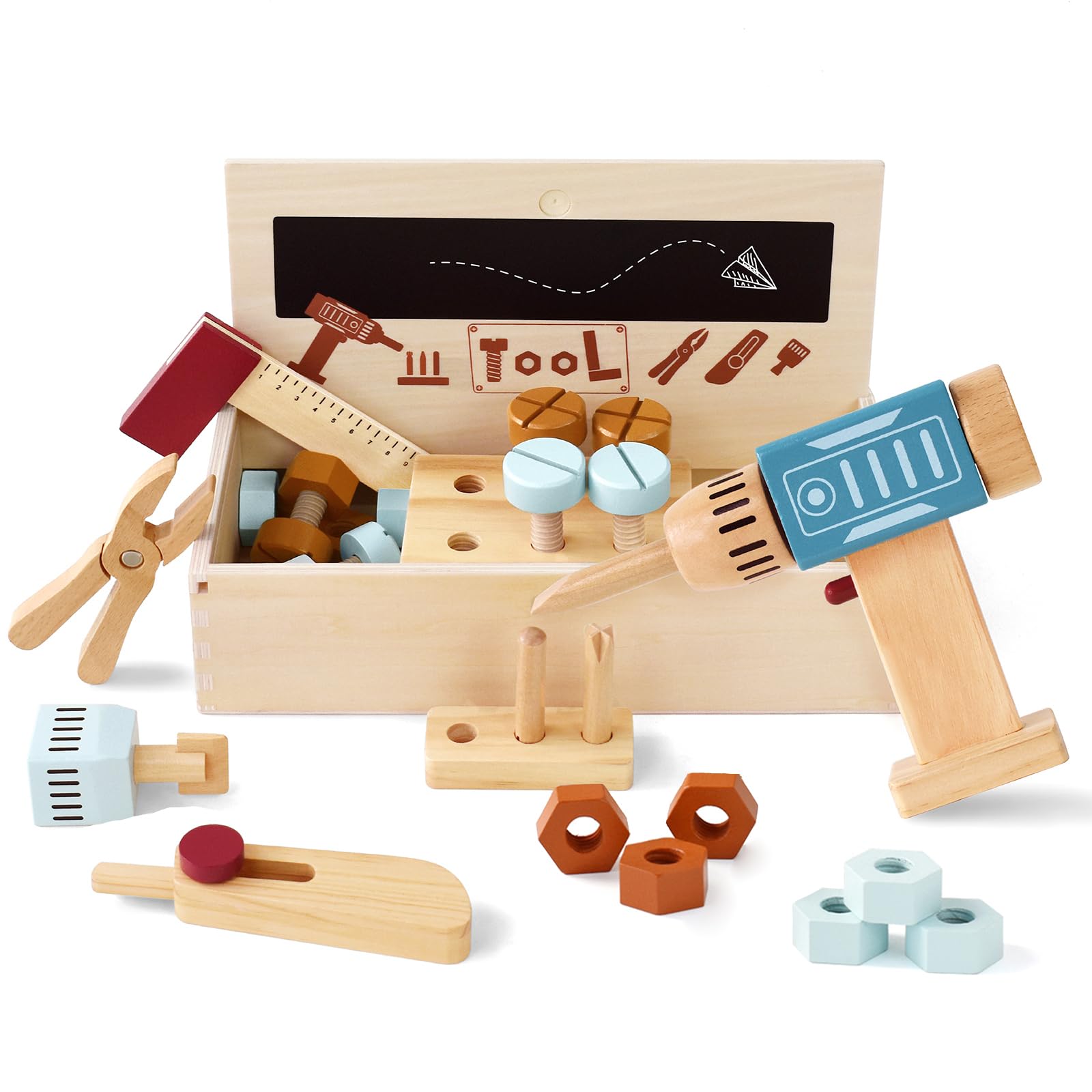 Little Log Wooden Kids Tool Kit Set Wooden Toy Tool Box with Drill Kids Construction Toys Toddler Pretend Play Workbench Gifts for 3+ Year Old Boys Girls,Medium