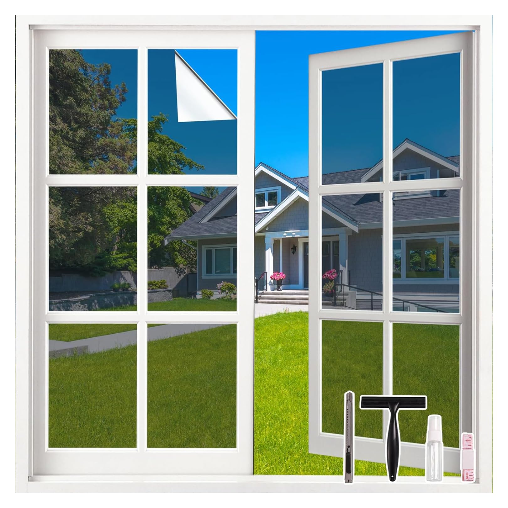 LEMON CLOUD Spiegelfolie Silber - Sonnenschutzfolie Fenster innen, Sichtschutz Fensterfolie von aussen Blickdicht Durchsichtig, Statische Selbstklebend, 90 X 800 cm mit Werkzeug