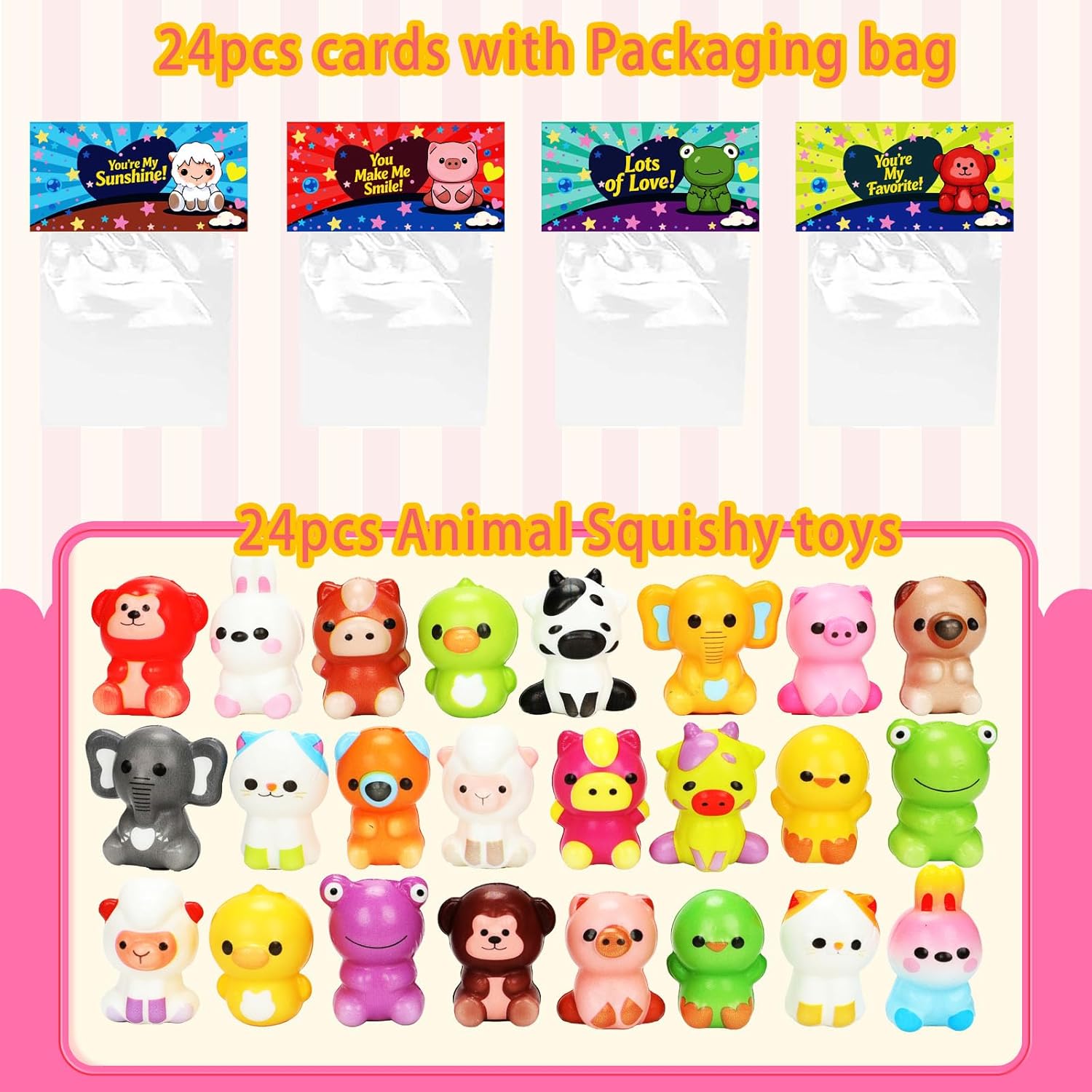 24 Pack Slow Rising Squishy Toys with Valentines Day Cards for Kids Party Favors School Classroom Exchange Gift