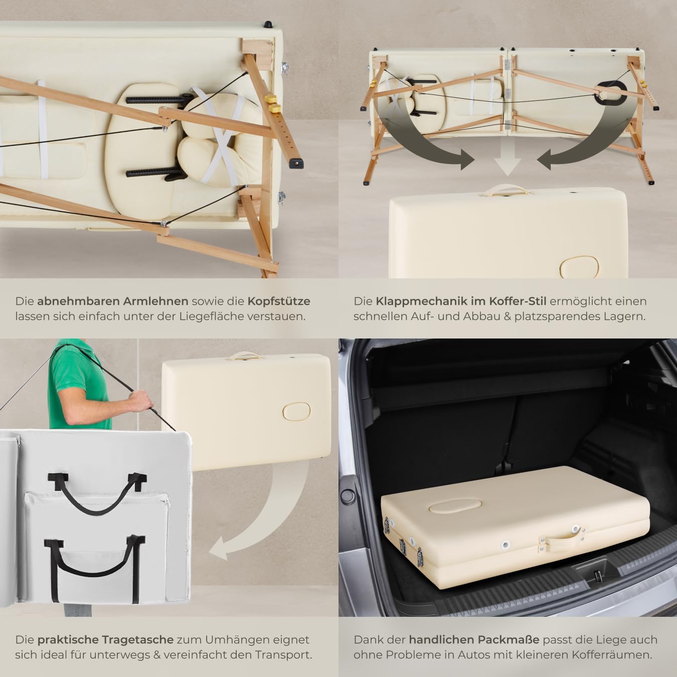 tectake® Massageliege 2 Zonen, Massageliege klappbar, Massagetisch mit 7,5cm Polsterung, Mobile Behandlungsliege, Kopf- und Armstütze, Massagebank mit Holzfüßen, 2 Rollen, Tragetasche - beige