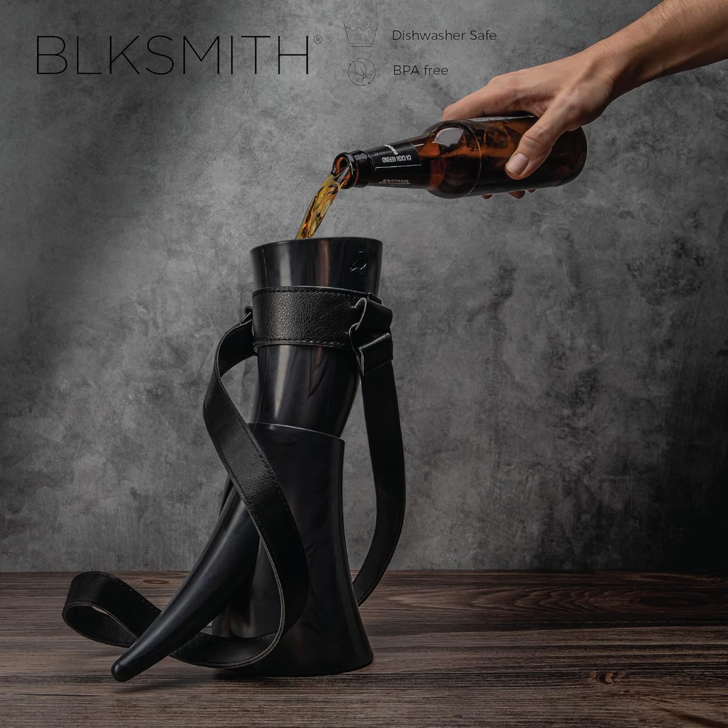 BLKSMITH Viking Drinking Horn Mug with Strap and Stand, Dishwasher-Safe and BPA-Free Plastic Viking Drinking Cup & Unique Gift for Brother Adult, 24 oz Horn Mug, Cool Gifts for Father (Black)