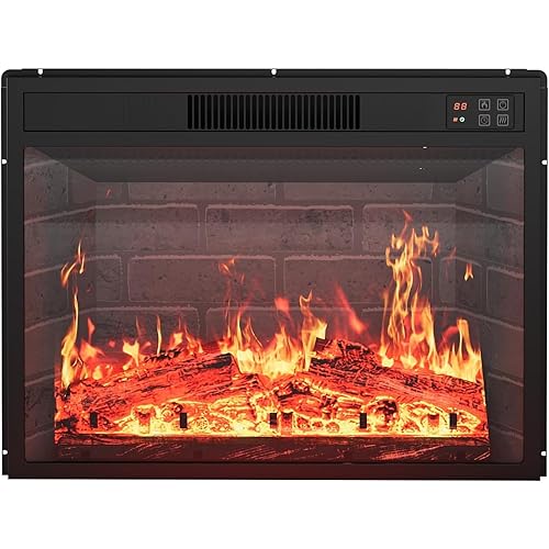23" Ultra-Thin Electric Fireplace Insert Rear Projection Flame Fireplace Heater 1500W 3 Color Flames & Brightness Levels with Remote Control & Timer 60-84℉, Heats 400 Sq Ft
