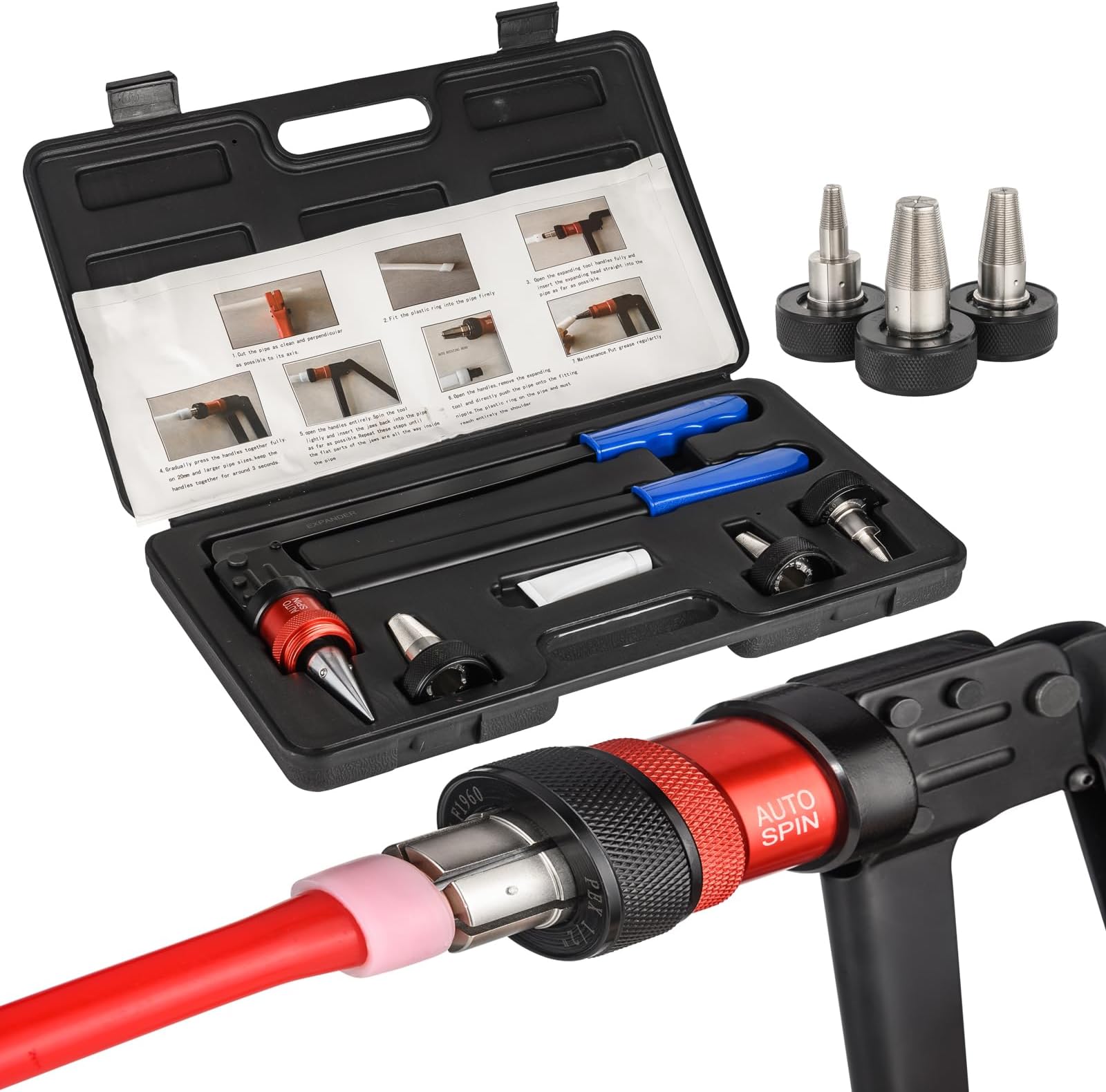 Auto-spin PEX A Expansion Tool, Automatically Rotation Head PEX Expander Kit, with 1/2 Inch 3/4 Inch 1 Inch Expansion Head