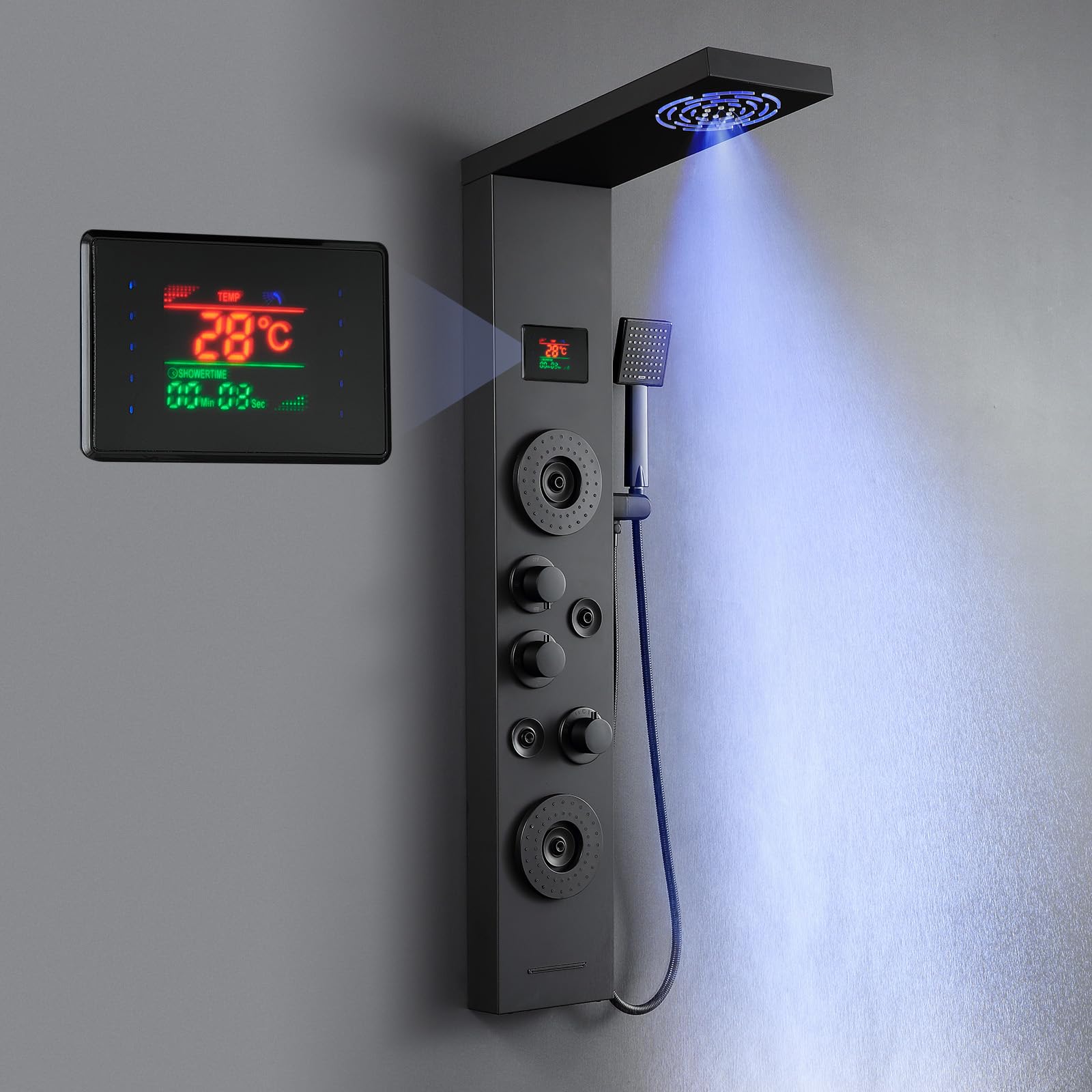 KINKIBOS Shower Tower Panel with Mixer, 6 Modes LED Temp Display,Matt Black