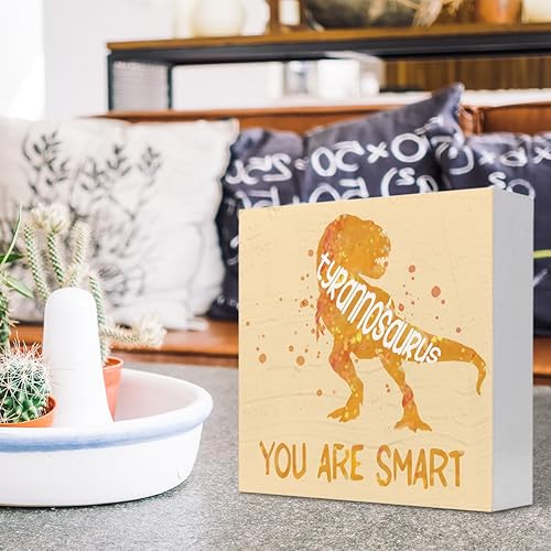 Miniatura 5 de Letrero de madera con texto en inglés "You are Smart Inspiration" para cuarto del bebé, decoración de escritorio con diseño de tiranosaurio naranja