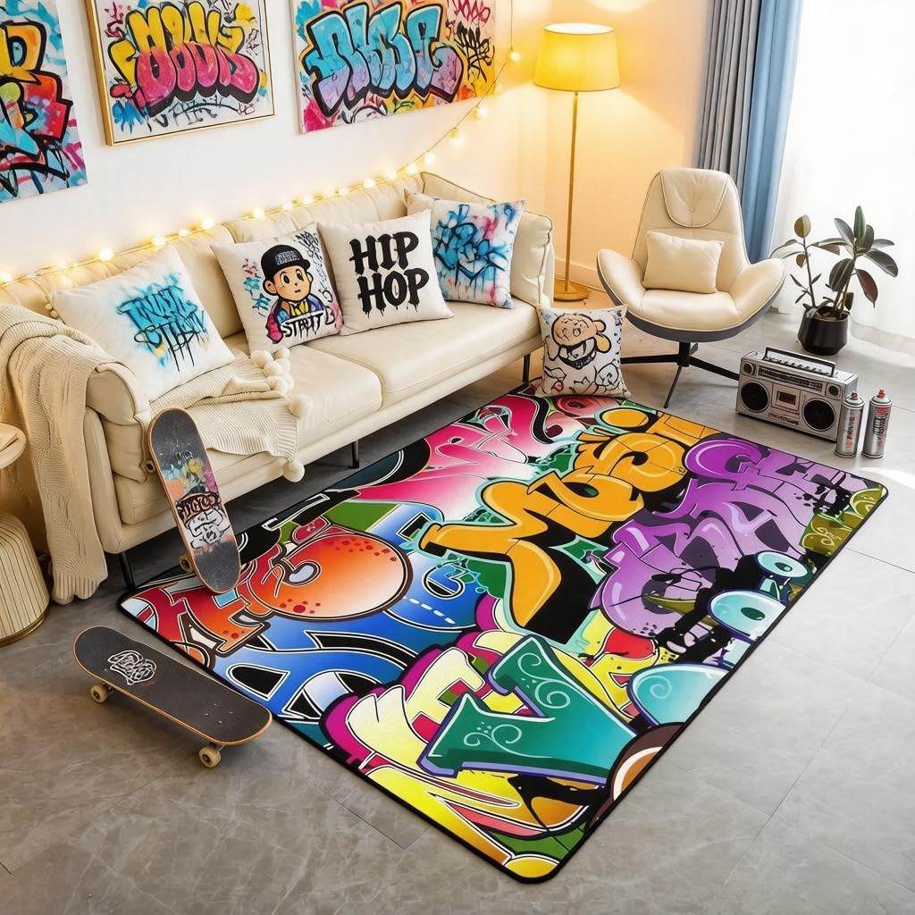 Loussiesd Tappeto stile hippie graffiti, stile hip hop, tappeto decorativo per soggiorno camera da letto, graffiti, grafica, cultura di strada, grunge, tappeto decorativo, 100 x 150 cm