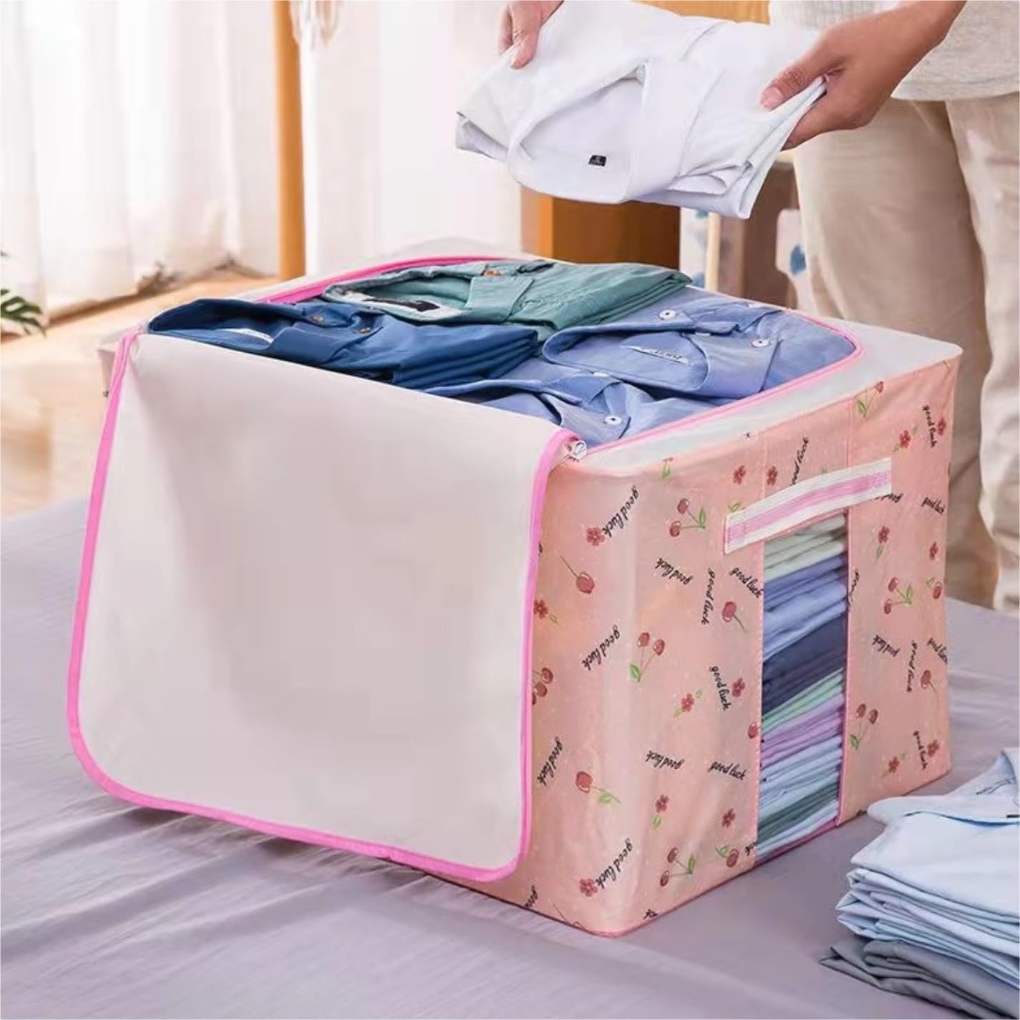 Bolsas Almacenaje Ropa Organizadores Plegables para Ropa con Ventana Transparente, Manta, Bolsa De Almacenamiento, Contenedor Organizador Armario para Edredones(Beige,24L)