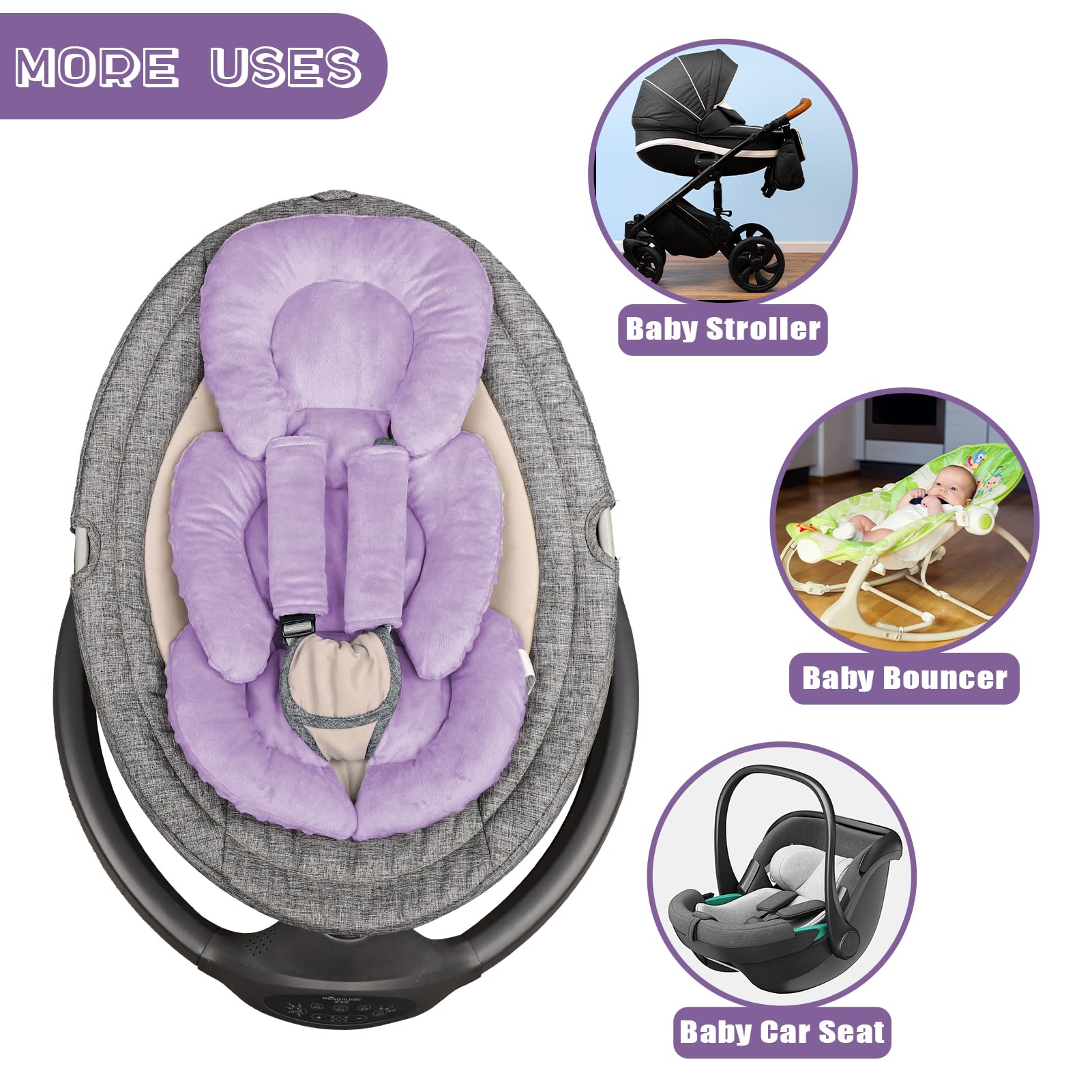 Inserto de asiento de coche para bebé, soporte para cabeza y cuerpo, inserto reversible para asiento de coche con almohadillas para orejas de correa, relleno de cojín suave para niños y niñas, se
