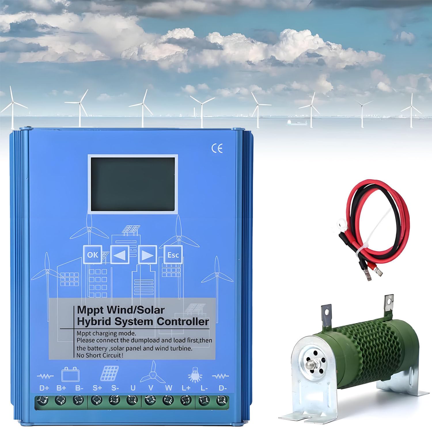 Kontroler ładowania wiatrowego i słonecznego 16000 W, hybrydowy kontroler ładowania wiatrowo-słonecznego z wyświetlaczem LCD i obciążeniem rozładowczym 48V