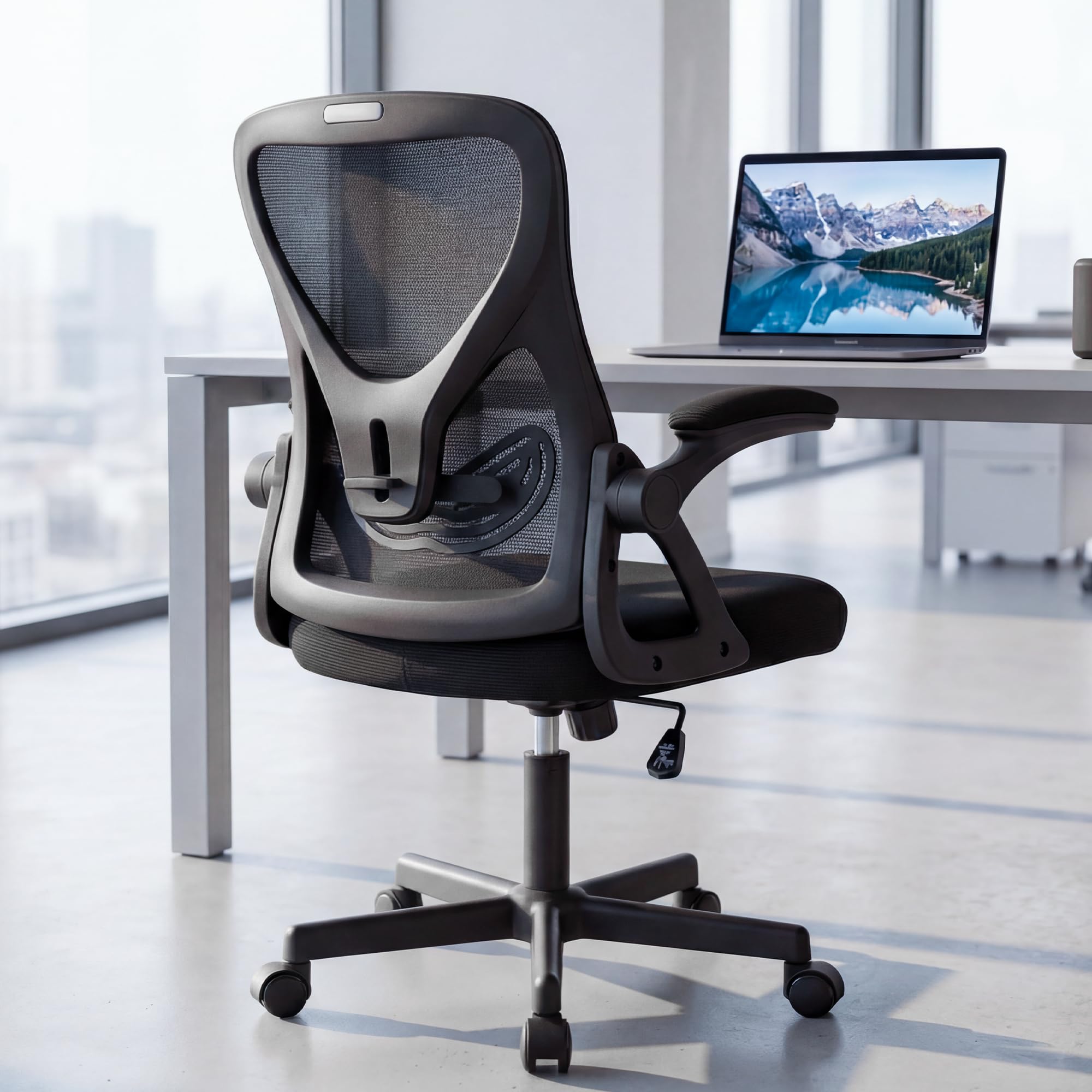 Bürostuhl ergonomisch – Schreibtischstuhl Netz, Lendenstütze 150kg | Klappbare Armlehnen, verstellbare Lendenstütze, 90-110° Rückenlehne, höhenverstellbar, leise Rollen, Homeoffice & Büro