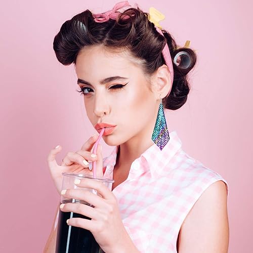 Miniatura 6 de Hicarer 4 pares de aretes de los años 80 para mujer, aretes de neón de los años 90, joyería retro para fiesta brillante, disfraz de los años 80,