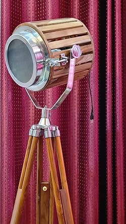 Falcon Traders Wooden Search Light Floor lamp wth Wooden Tripod, Brown Nickel Finish