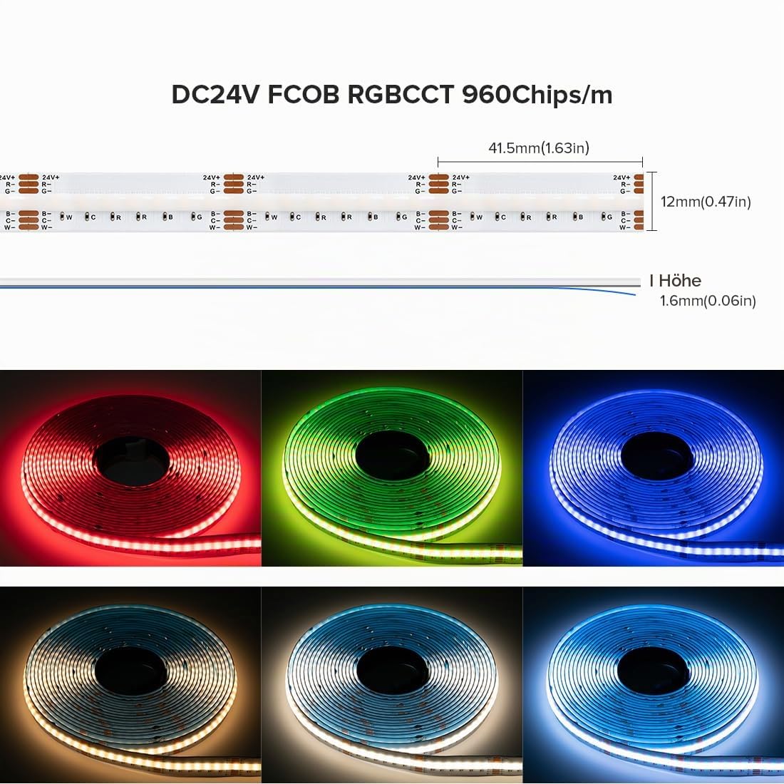 FCOB COB RGBCCT LED Streifen RGB+CCT Einstellbares Weiß 3000K-6000K 24V 5m