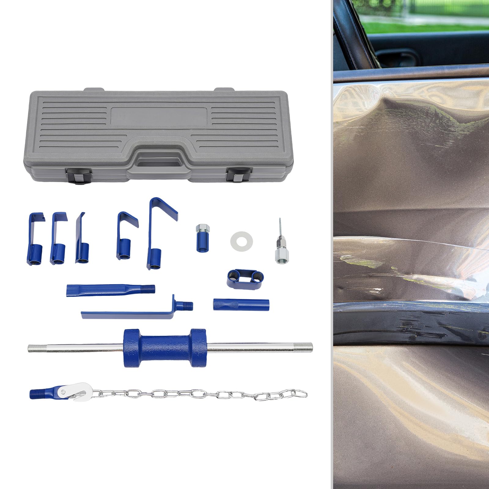 Set di martello scorrevole in valigetta, strumento di rimozione ammaccature per auto, senza vernice, martello a percussione da 58 cm e 5 ganci di trazione, kit di riparazione per ammaccature su porte