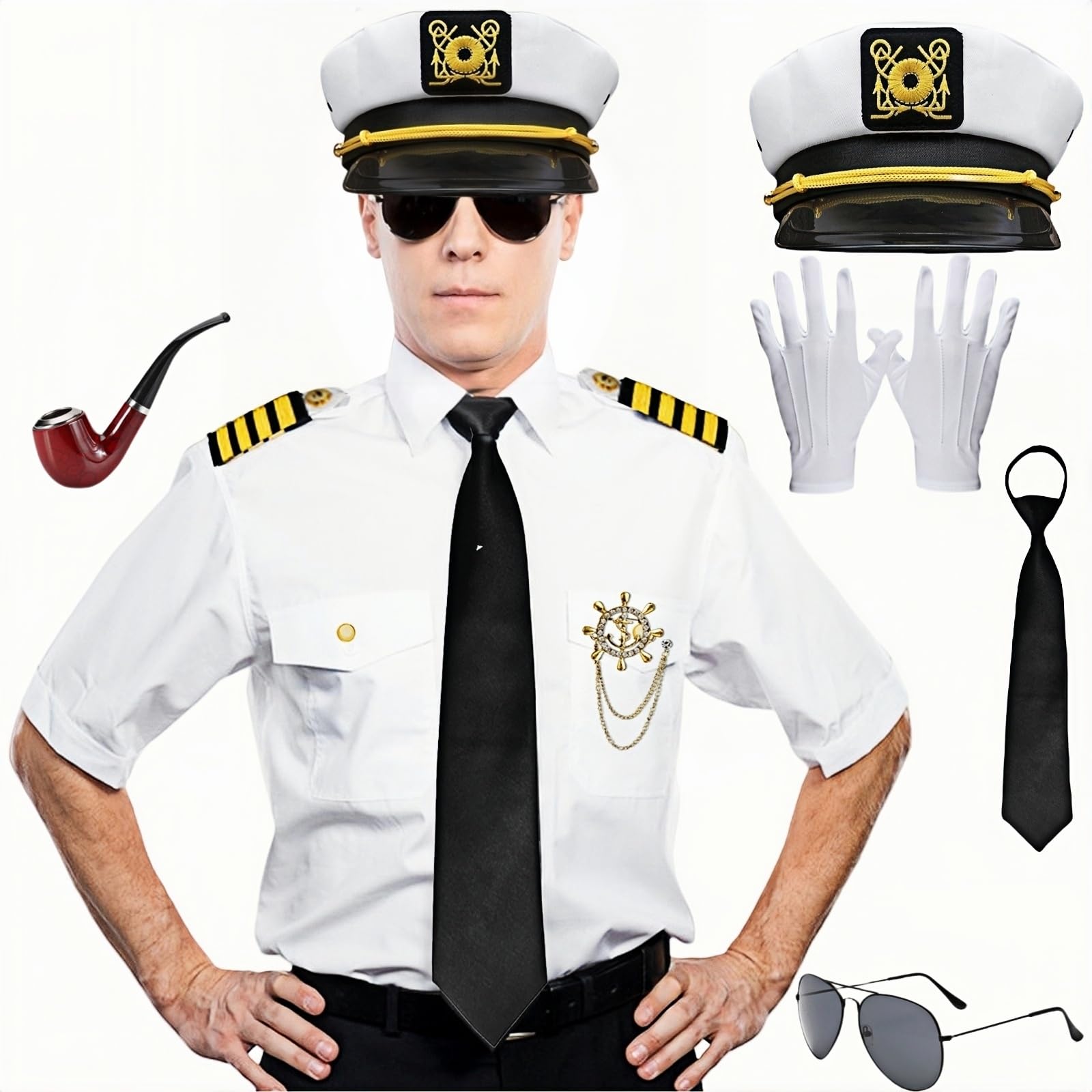 Boyigog Captain Sailor Costume Men, Halloween White Captain Costume-8Pcs with Captains White Jacket Hat Gloves Boat Captains Themed Cosplay Party Halloween Carnival Adult Costume (XXL)
