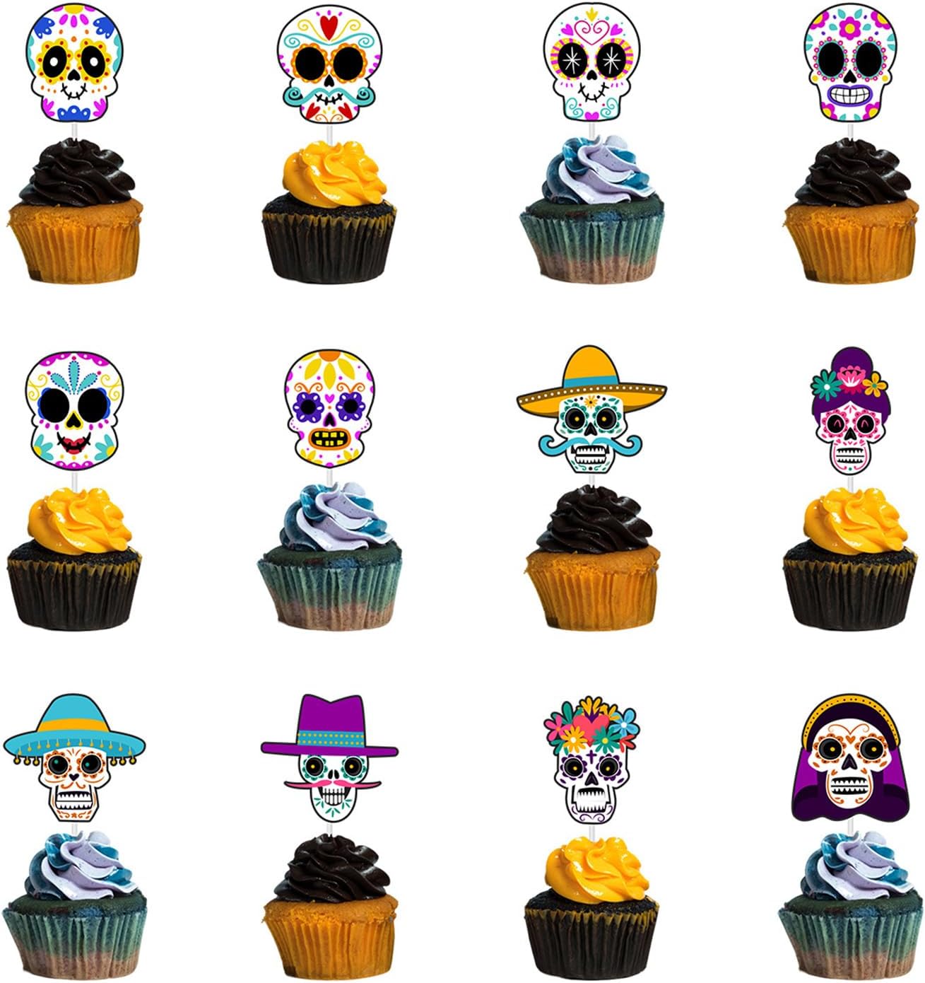 Day of the Dead Cupcake Toppers, 24 Pcs Cupcake Toppers