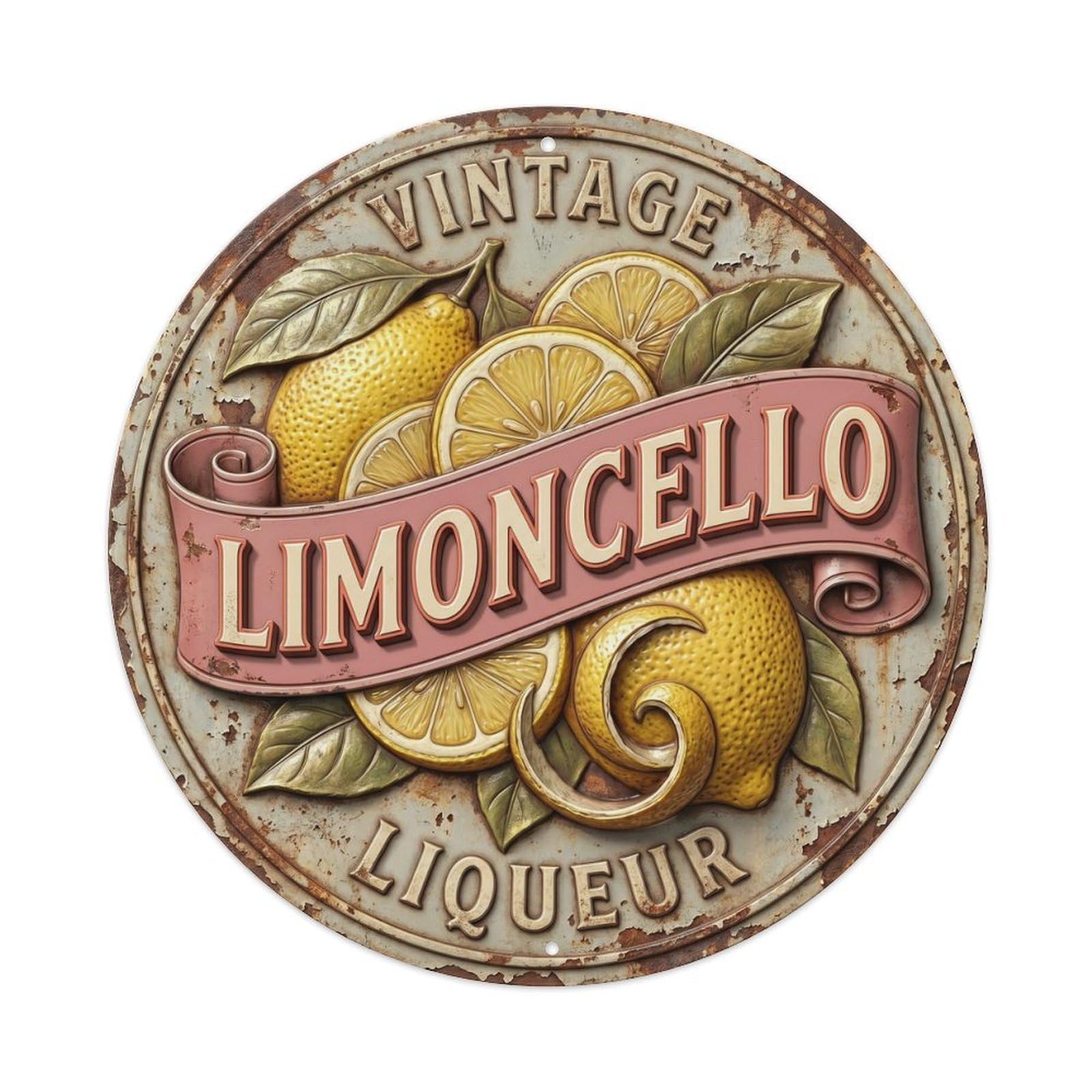 Fqcyn Style Vintage Liqueur Limoncello Metal Tin Sign Plaque Wall Decor For Cafe, Club Bar, Office, Home Garden Round Metal Poster 8X8inch