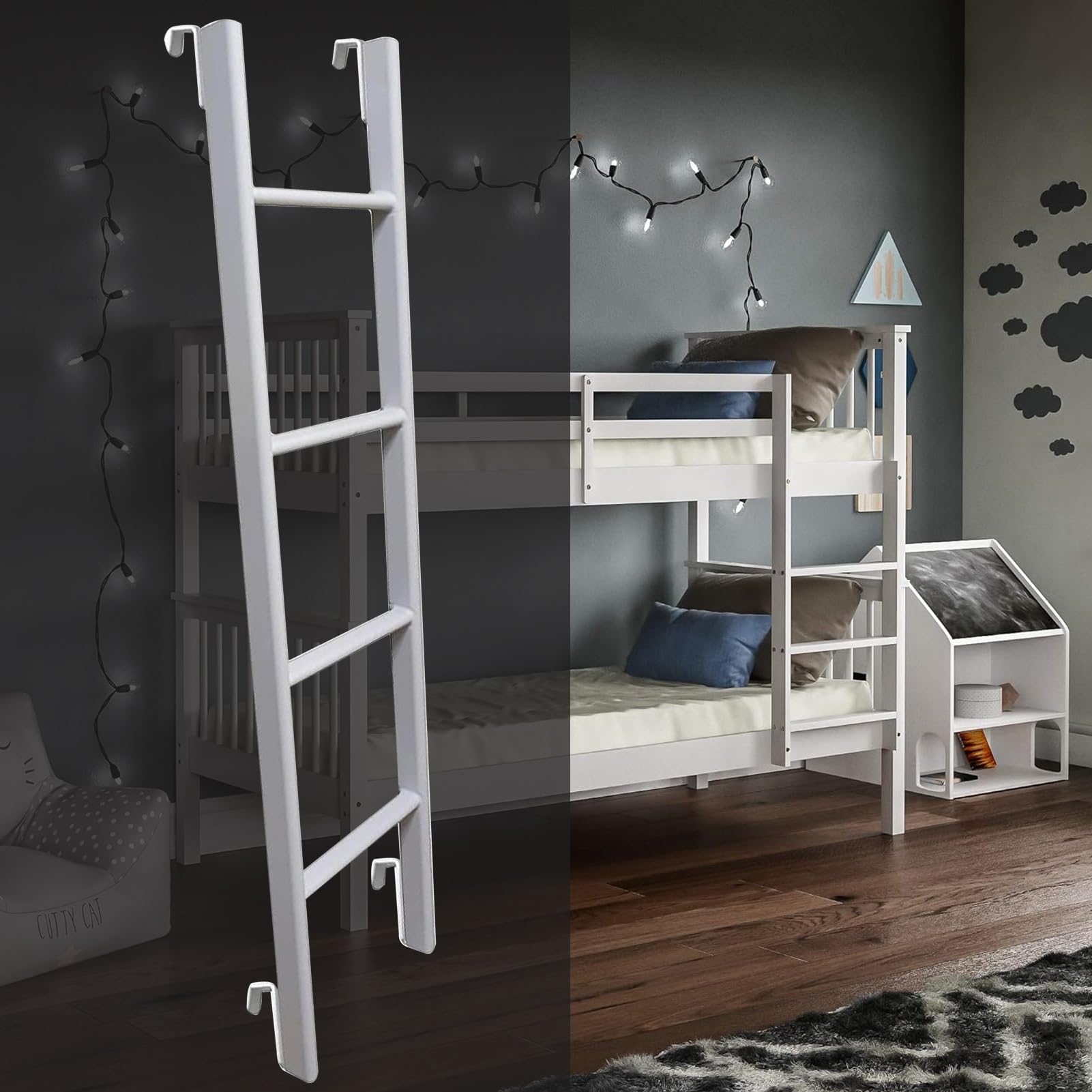 Escalera decorativa multiusos de alta estabilidad con ganchos metálicos para dormitorios