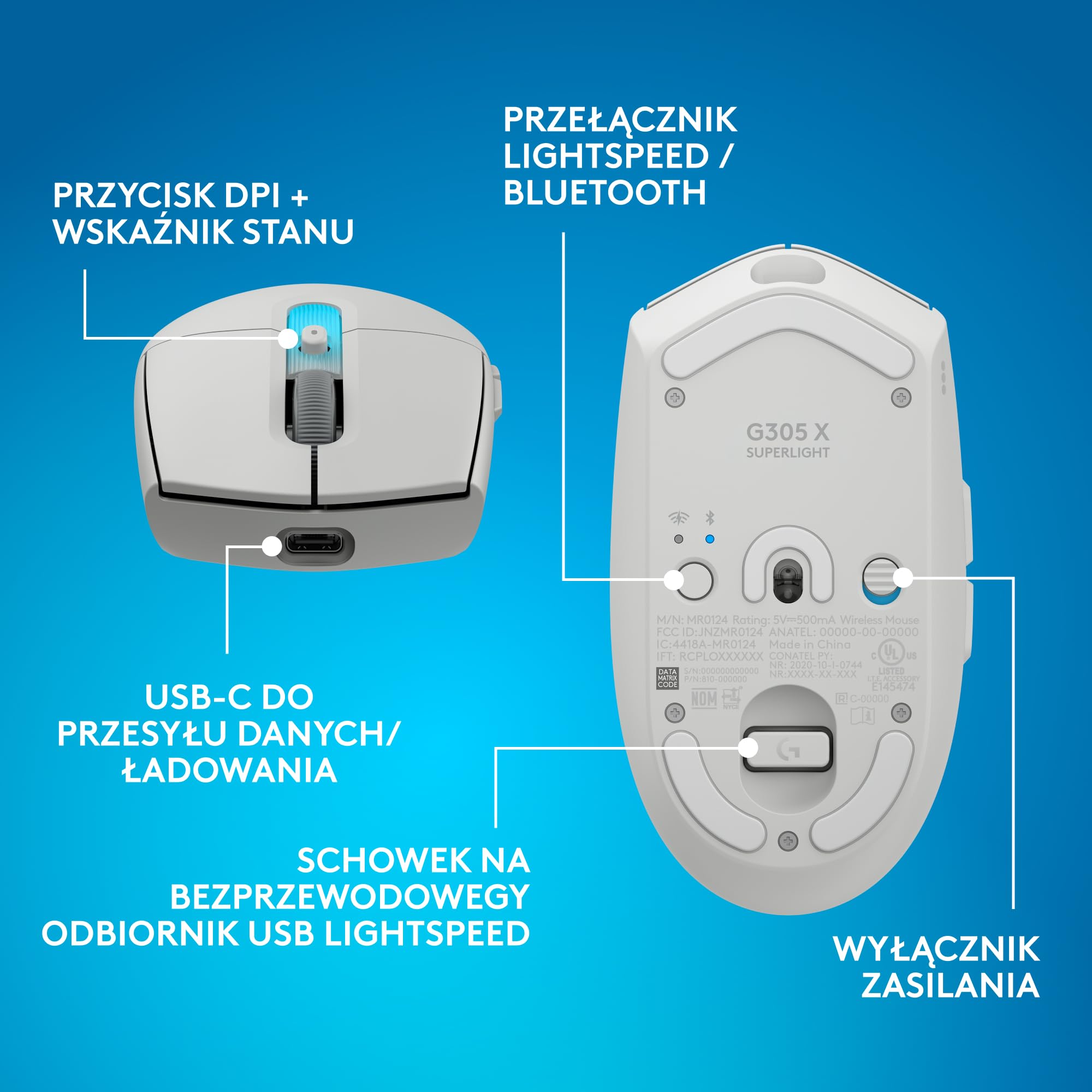 Logitech G G316 X 98, klawiatura do gier,8 kHz,wymienne sprężynujące przełączniki,konstrukcja uszczelkowa, US INT'L QWERTY+G305 X SUPERLIGHT bezprzewodowa mysz gamingowa,lekka 61 g ładowalna, PC-Biały