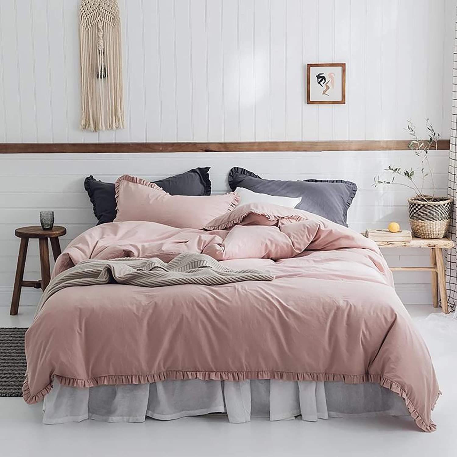MGEMJMJ Solid Color 100% Washed Cotton Duvet Cover,Vintage Ruffle Comforter Cover,Farmhouse Rustic Soft Breathablequilt Cover With Zipper(Size:150x200cm(59x79inch),Color:A)