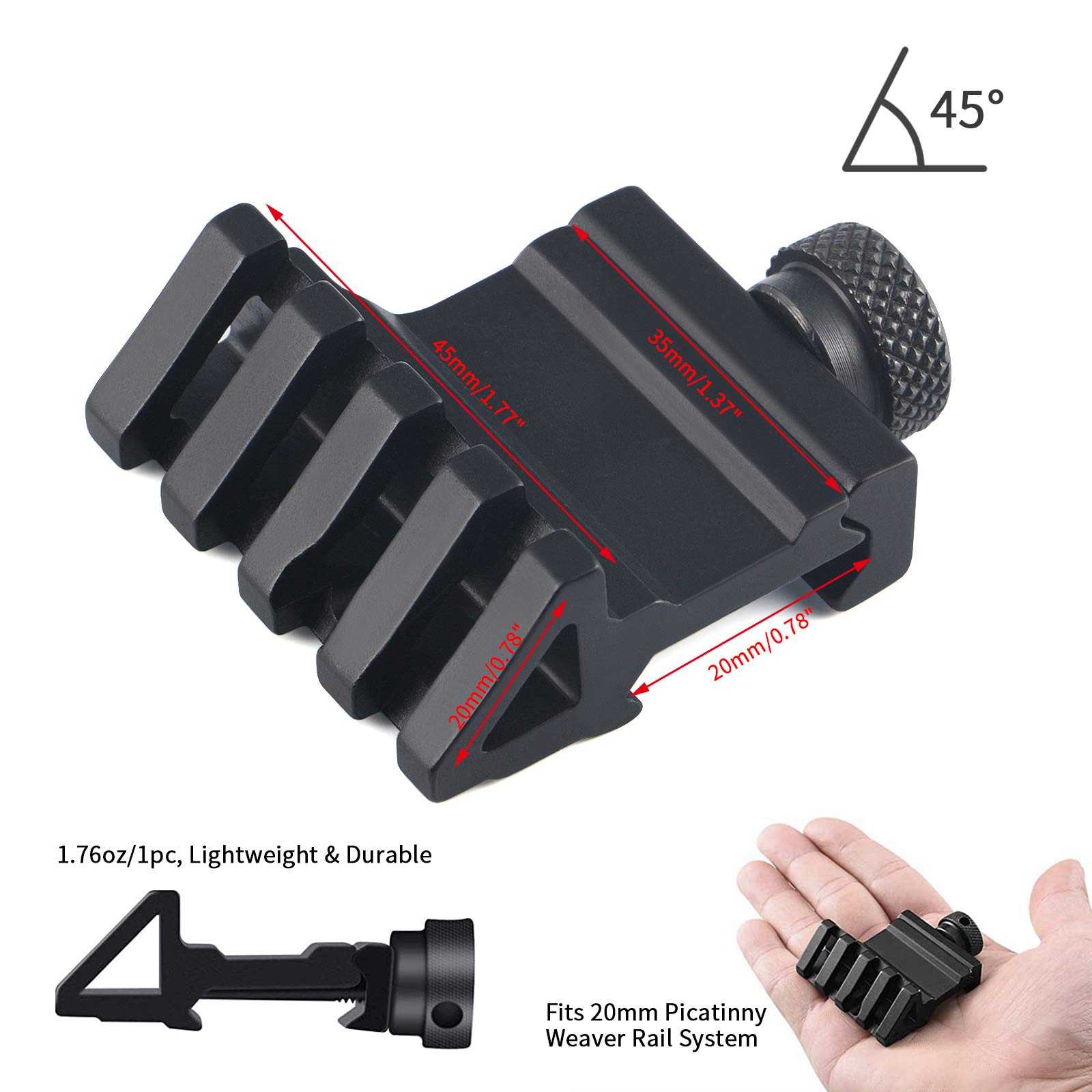 45 Degree Offset Picatinny Rail Mount - 20mm Low Profile Adapter For Hunting & Shooting 5 thumbnail image