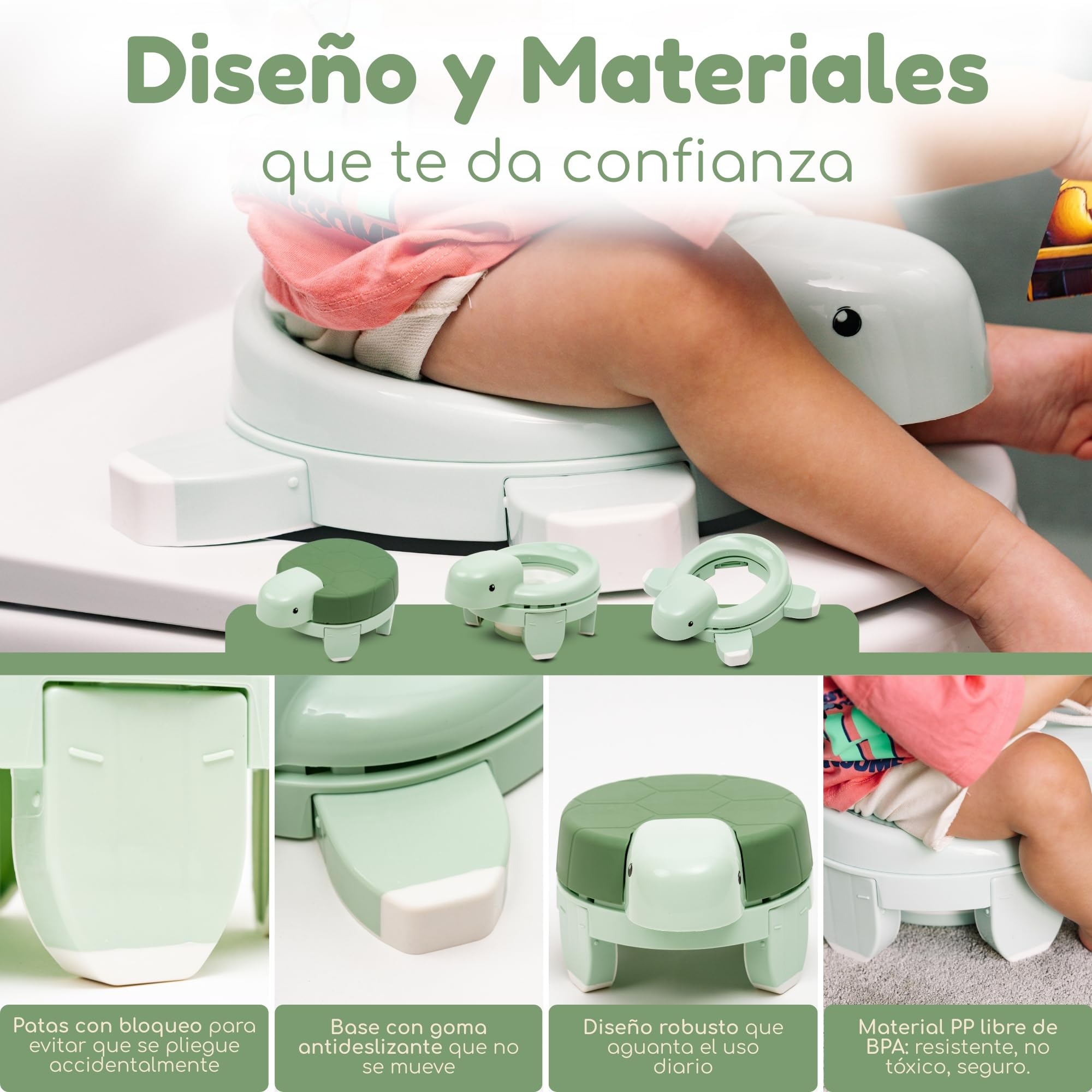 Vasino Bambini Portatile 4 in 1 Pieghevole – Riduttore WC per Bambini, WC Portatile da Viaggio, Sgabello e Rialzo, Design Tartaruga, con 20 Sacchetti e Zaino