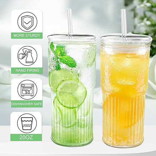 Miniatura 2 de Vasos de vidrio con tapas y pajitas de vidrio, vasos de alto contenido de borosilicato de 20 onzas (4 unidades) para café, té, jugo, batidos