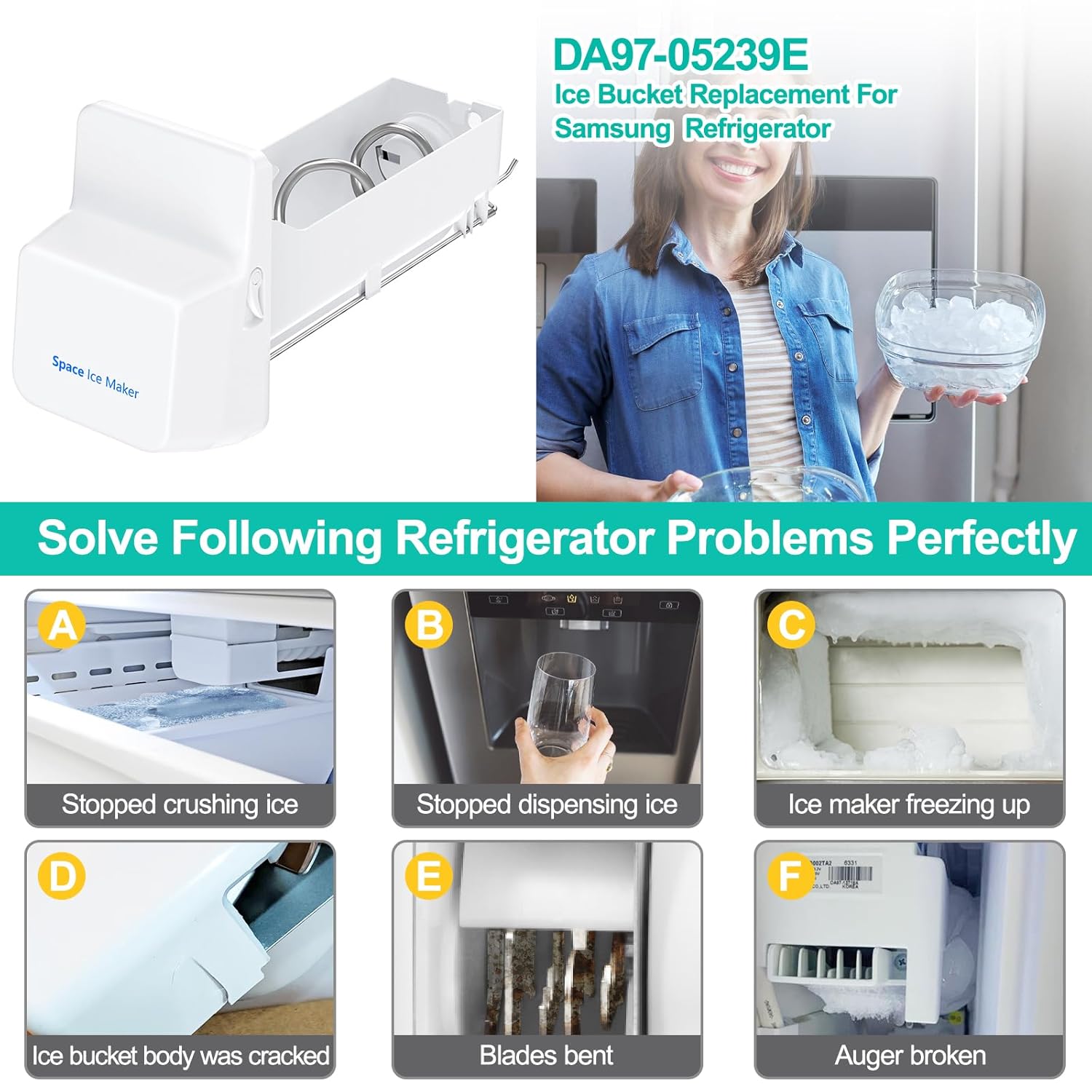 Upgraded DA97-05239E Refrigerator Ice Maker Compatible with Samsung Ice Bucket Replacement RF267ABRS, RF268ABRS RFG298AARS Ice Container, Replace DA97-05239A, 1731714, AP4403613 Ice Bin Assy Tray
